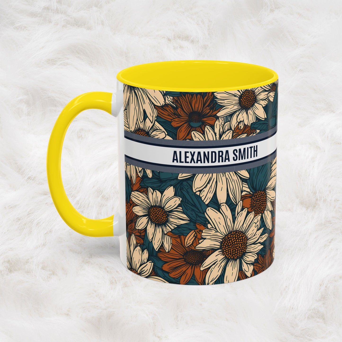Personalized Name Text Daisy Floral Luxury Vintage Toile De Jouy French Pattern Accent Coffee Tea Mug