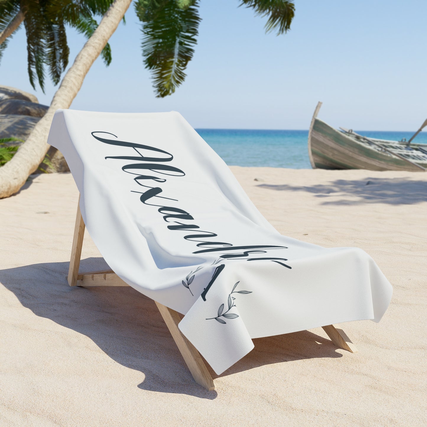 Personalized Script Name  and Initial Wreath Name  Beach Towel | Summer Pool Birthday Christmas Vacation Gift