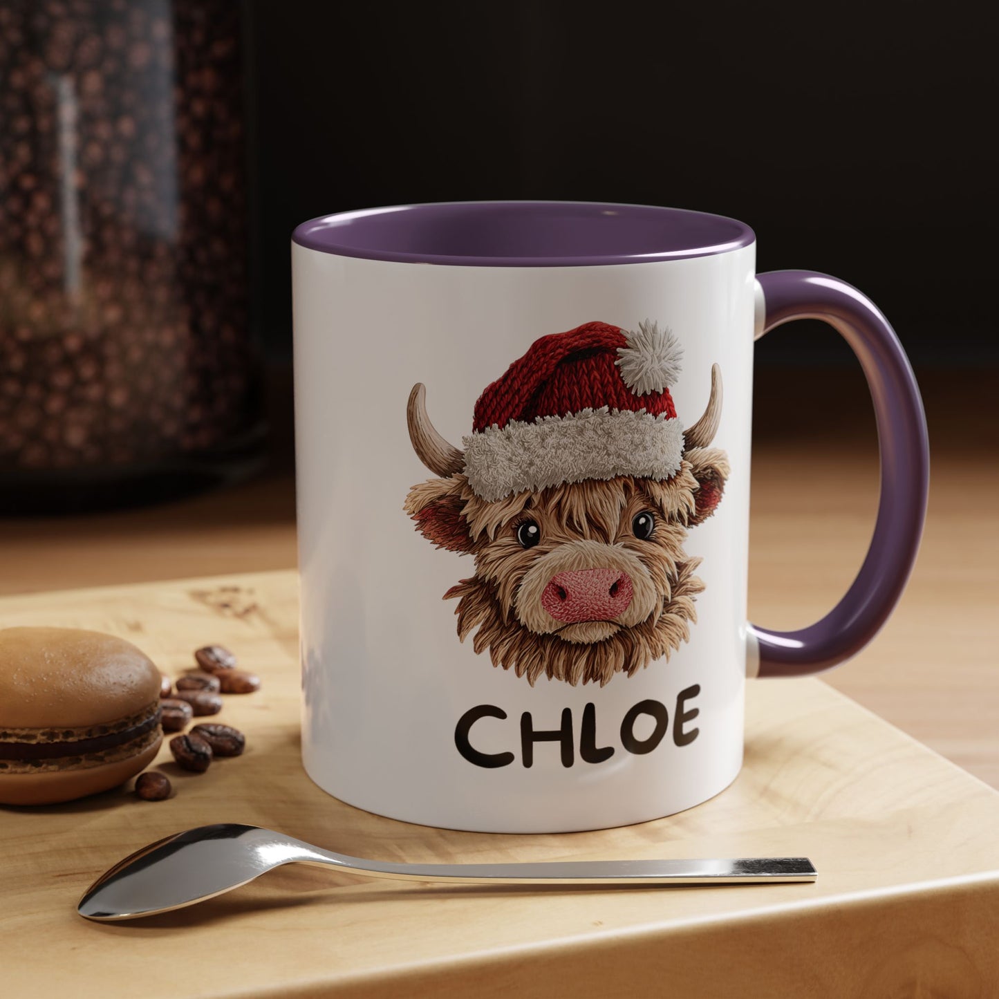 Personalized Name Cute Printed Crochet Yarn Christmas Highland Cow Mug | Hunting Holiday Gift