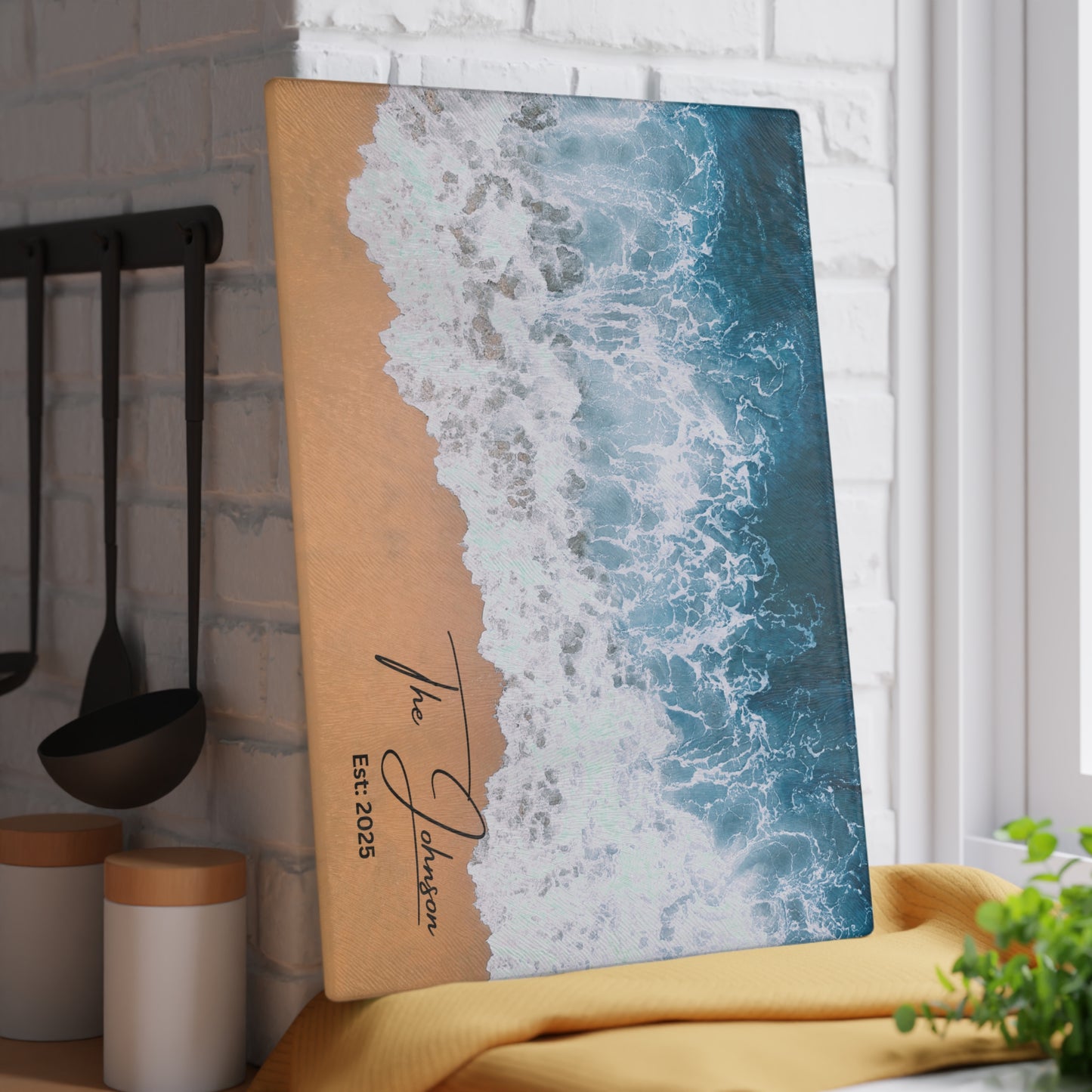 Personalized Ocean Beach Sand Glass Cutting Board Version 1 | Luxury Gift Ideas Home Kitchen Decor