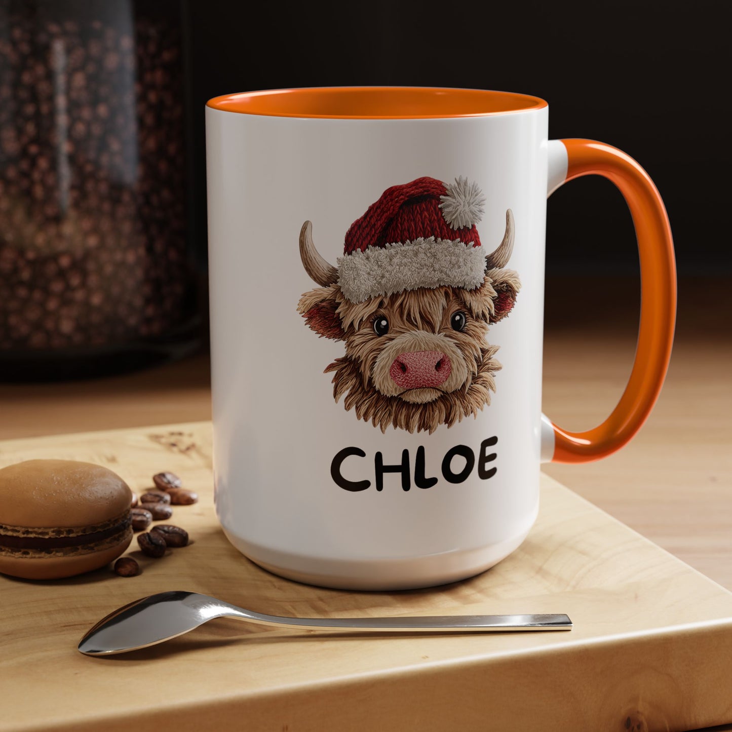Personalized Name Cute Printed Crochet Yarn Christmas Highland Cow Mug | Hunting Holiday Gift