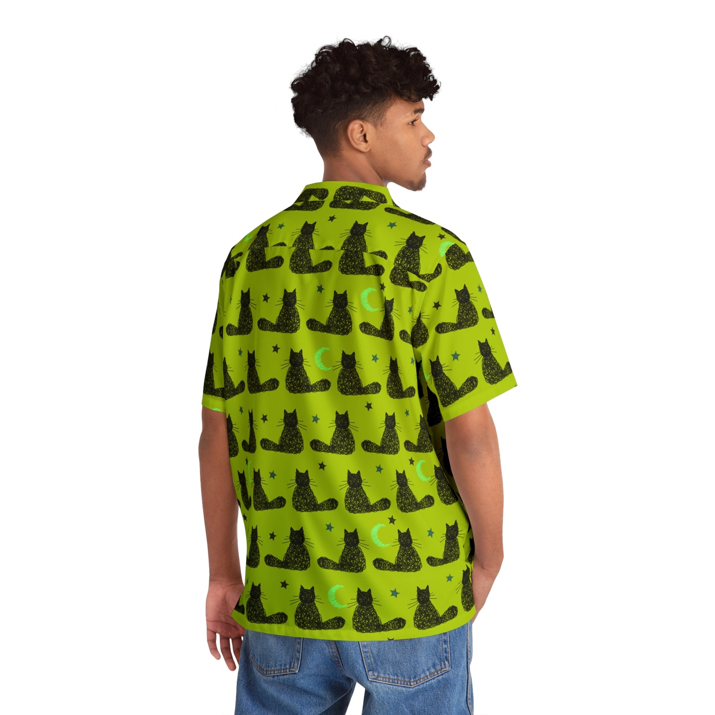 Neon Green Moon & Stars Cute Cat Pattern Hawaiian Shirt