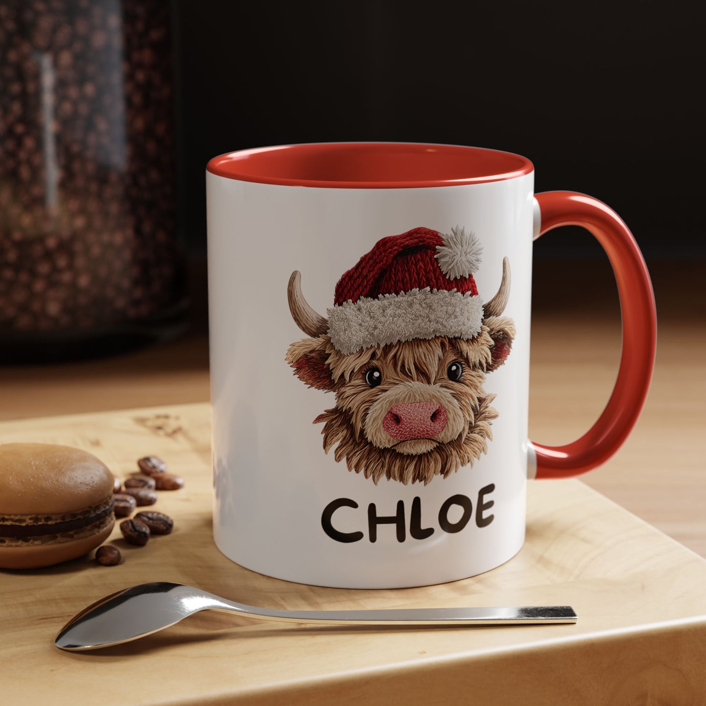 Personalized Name Cute Printed Crochet Yarn Christmas Highland Cow Mug | Hunting Holiday Gift