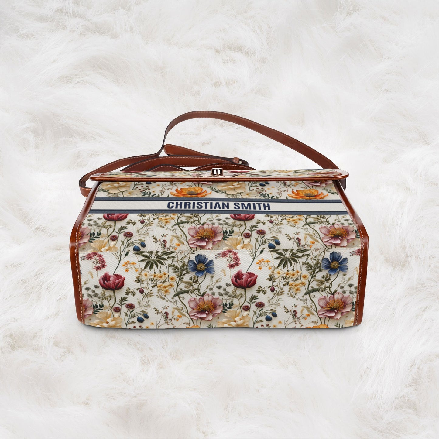 Personalized Name Waterproof Canvas Bag | Floral Flower Pattern Crossbody Shoulder Tote Handbag