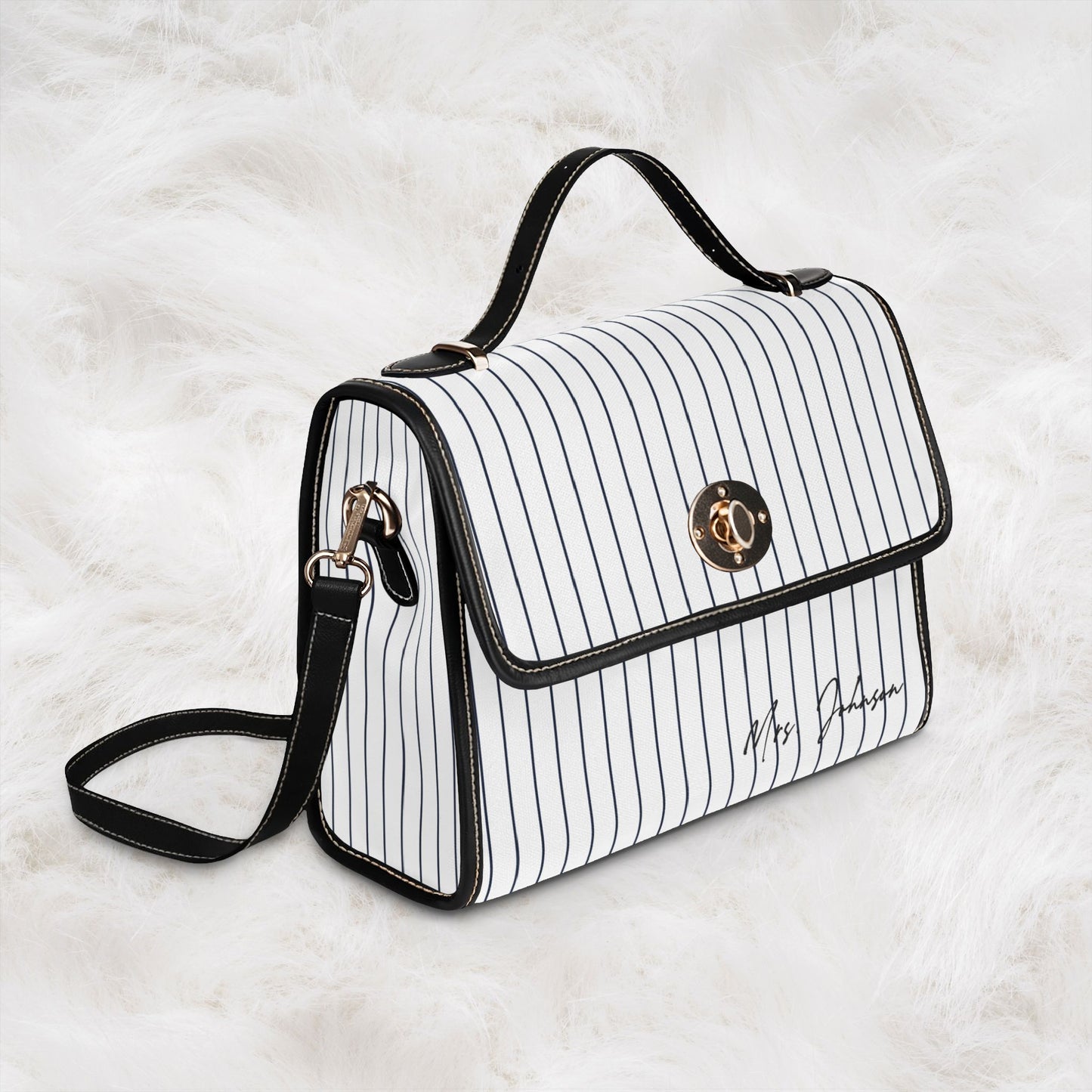 Personalized Name Waterproof Canvas Bag | Classic Navy Pinstripe Crossbody Shoulder Tote Handbag