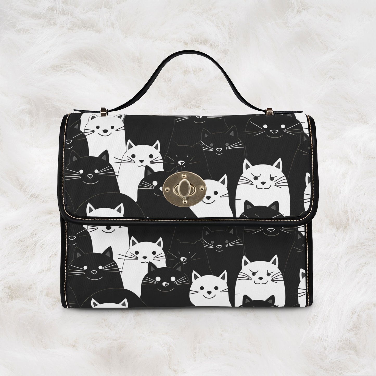 Cute Black & White Cat Pattern Waterproof Canvas Tote Crossbody Shoulder Handbag