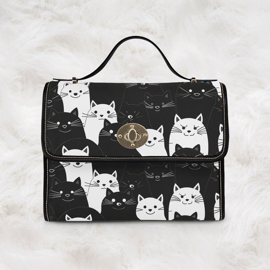 Cute Black & White Cat Pattern Waterproof Canvas Tote Crossbody Shoulder Handbag