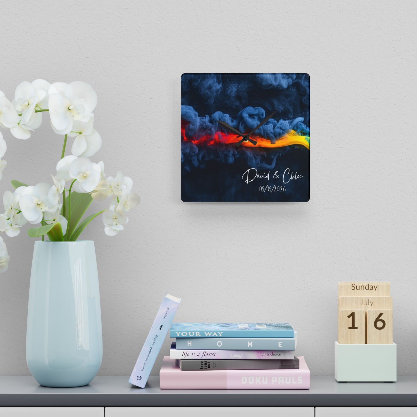 Personalized Custom Name & Date Rainbow Smoke Acrylic Wall Clock | Wedding, Anniversary, New House, Kitchen Decor Souvenir Gift