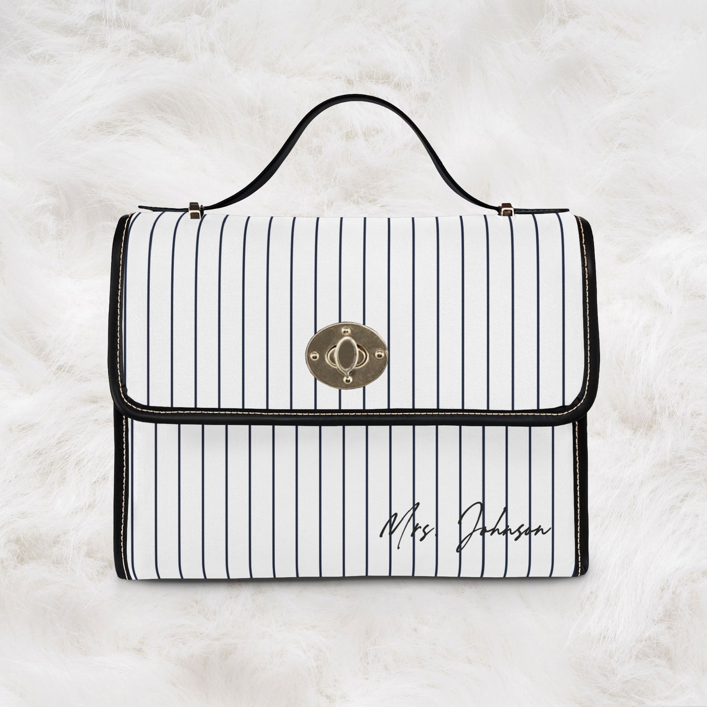 Personalized Name Waterproof Canvas Bag | Classic Navy Pinstripe Crossbody Shoulder Tote Handbag