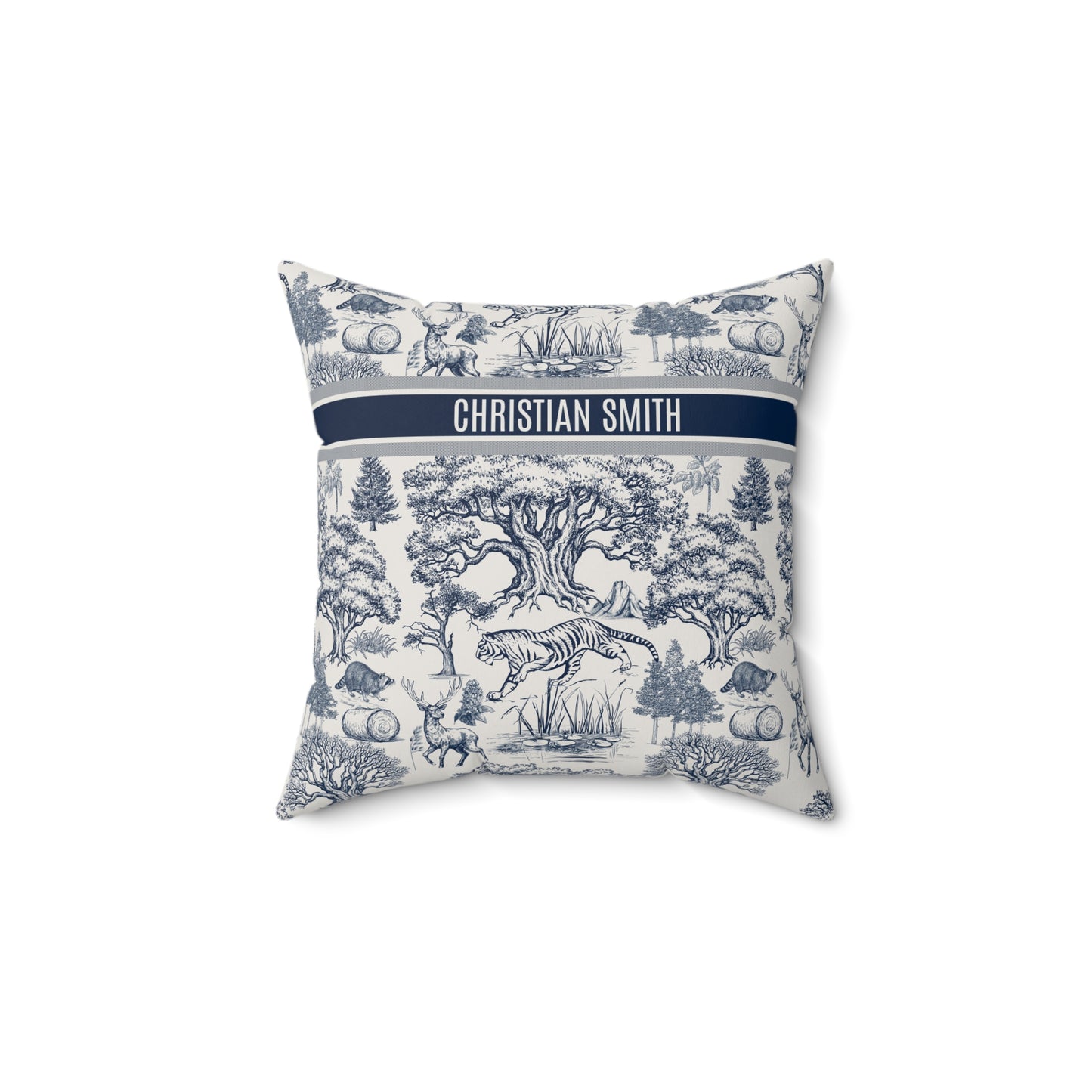 Personalized Name on Toile De Jouy Seamless Nature Landscape Pattern Spun Polyester Square Throw Pillow Version 1