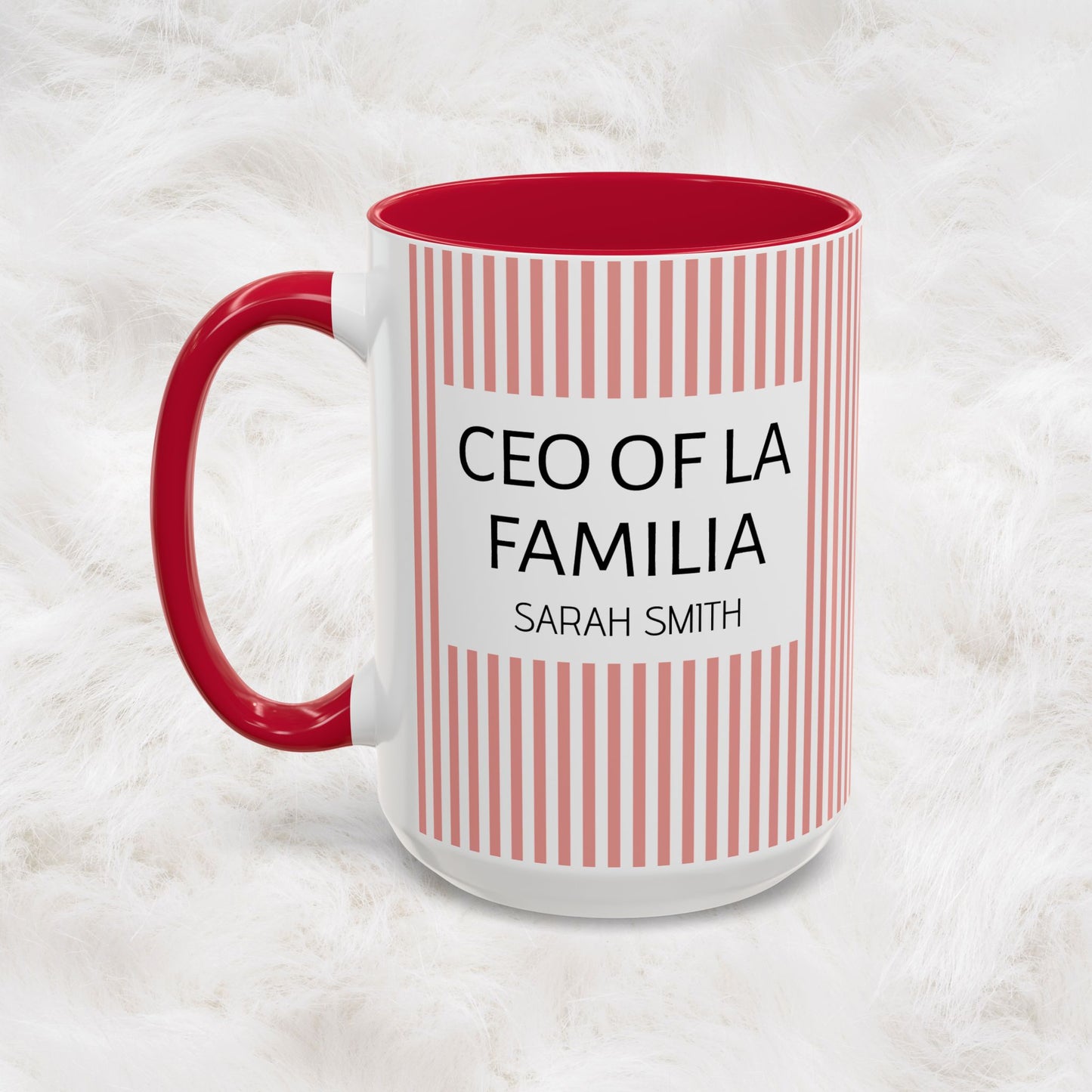 Personalized Name Pink Striped Coffee Tea Mug | Meaningful CEO of La Familia Gift for Mom, Wife, Women