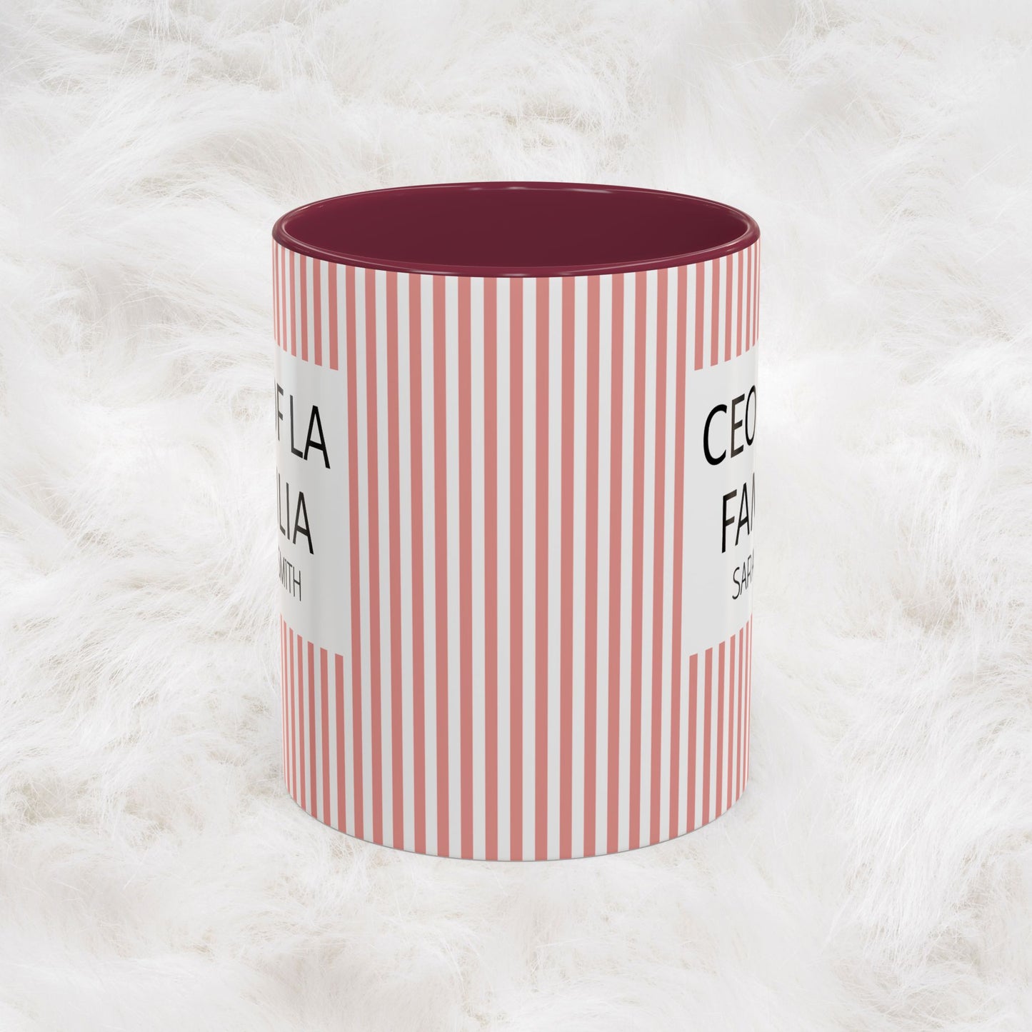 Personalized Name Pink Striped Coffee Tea Mug | Meaningful CEO of La Familia Gift for Mom, Wife, Women
