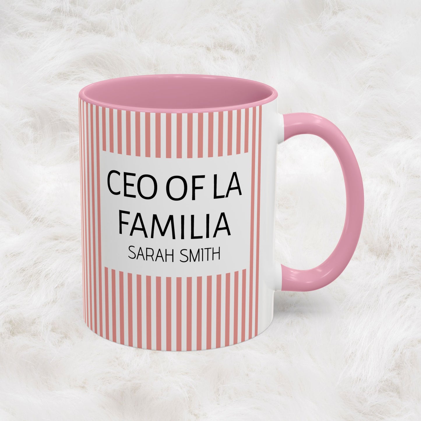 Personalized Name Pink Striped Coffee Tea Mug | Meaningful CEO of La Familia Gift for Mom, Wife, Women