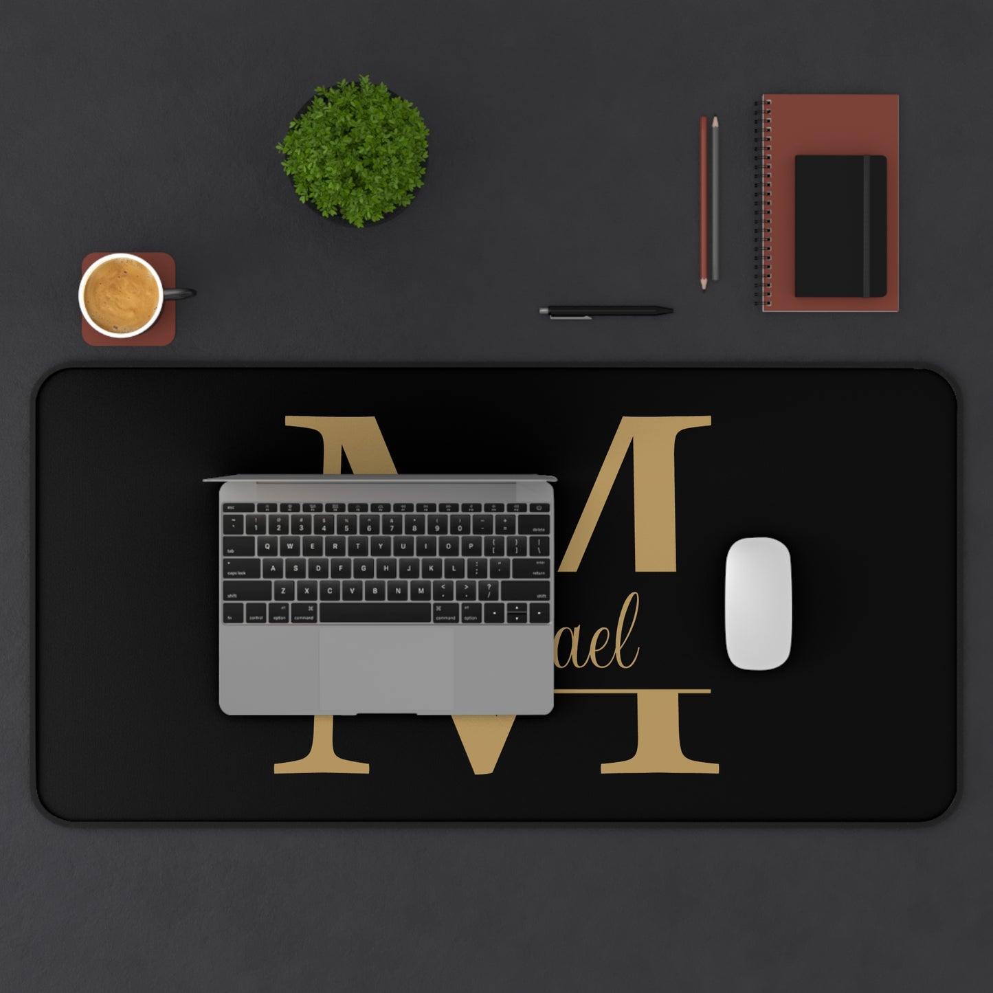 Personalized Monogram Name Black Gold Theme Desk Mat
