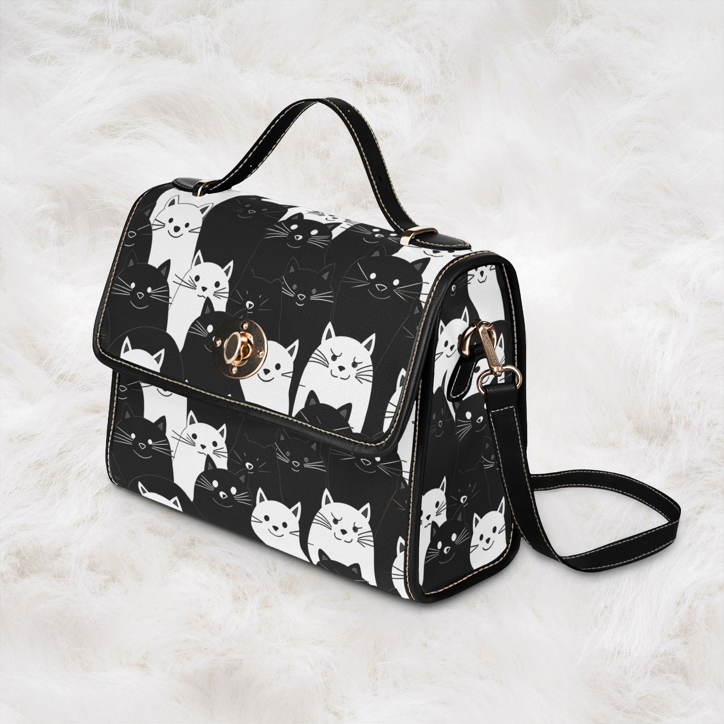 Cute Black & White Cat Pattern Waterproof Canvas Tote Crossbody Shoulder Handbag