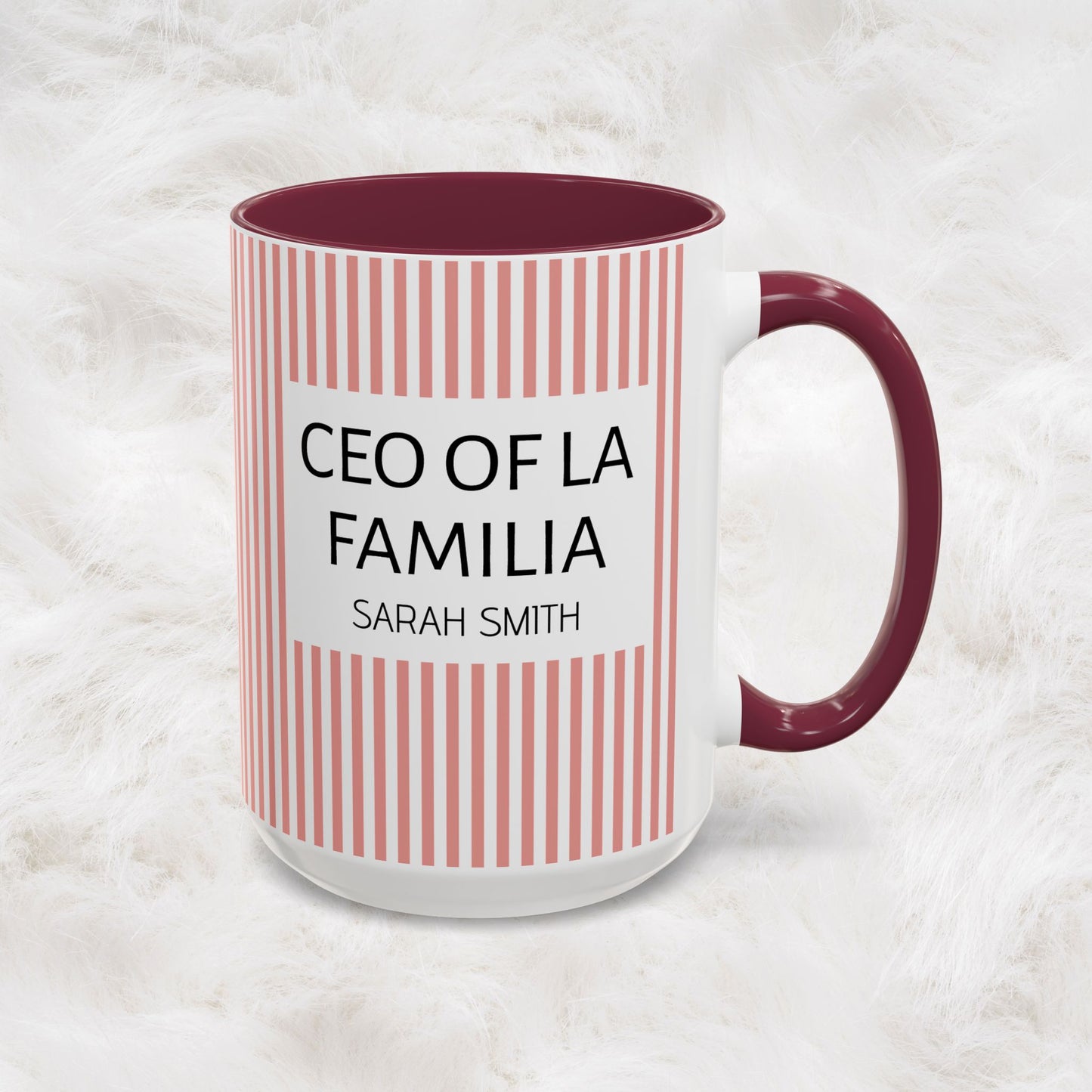 Personalized Name Pink Striped Coffee Tea Mug | Meaningful CEO of La Familia Gift for Mom, Wife, Women