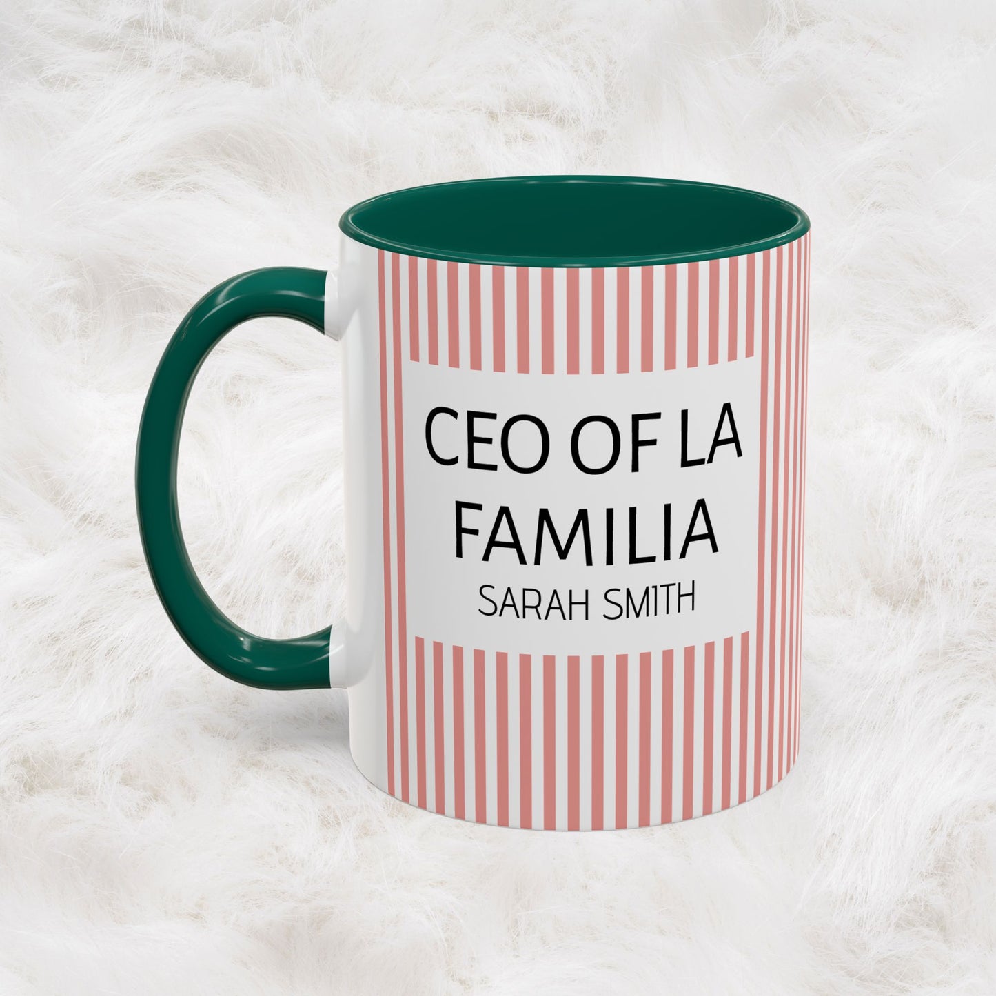 Personalized Name Pink Striped Coffee Tea Mug | Meaningful CEO of La Familia Gift for Mom, Wife, Women