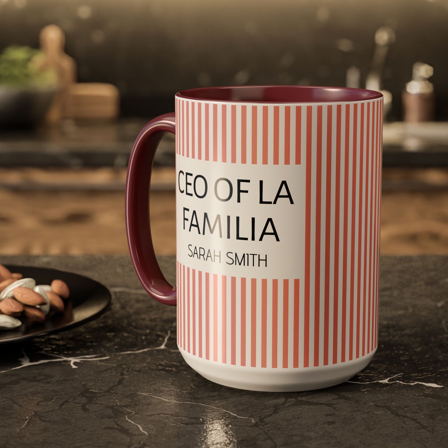 Personalized Name Pink Striped Coffee Tea Mug | Meaningful CEO of La Familia Gift for Mom, Wife, Women