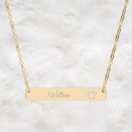 Personalized Paw Cutout Bar Necklace. Engraved Name Pet Jewelry