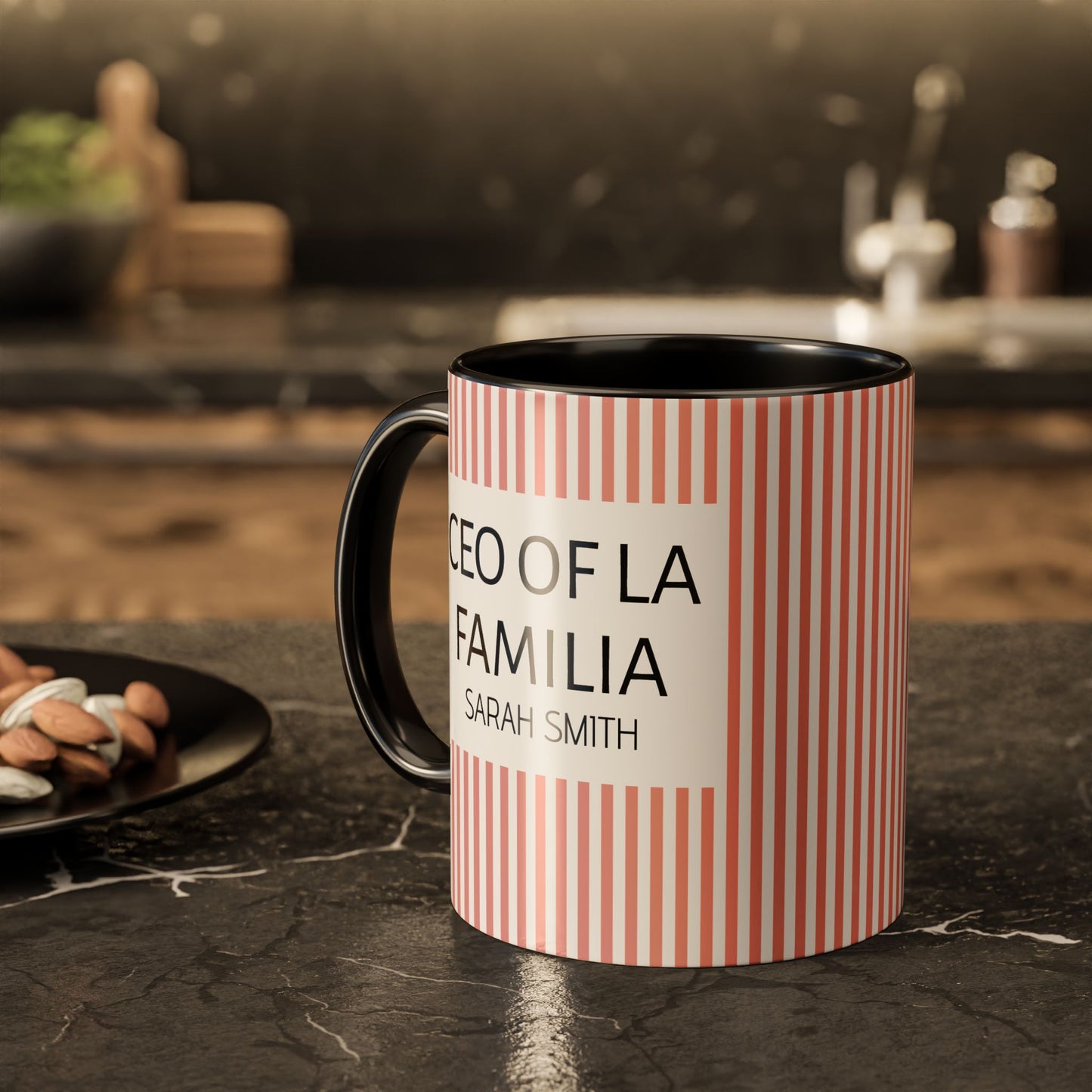 Personalized Name Pink Striped Coffee Tea Mug | Meaningful CEO of La Familia Gift for Mom, Wife, Women