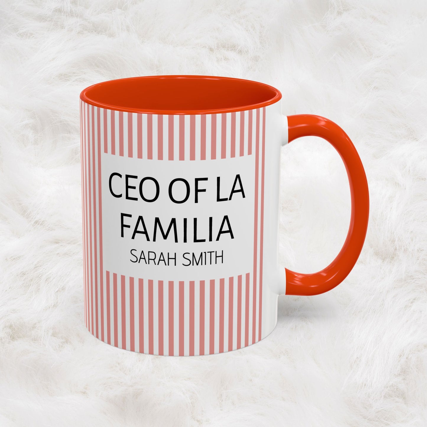 Personalized Name Pink Striped Coffee Tea Mug | Meaningful CEO of La Familia Gift for Mom, Wife, Women