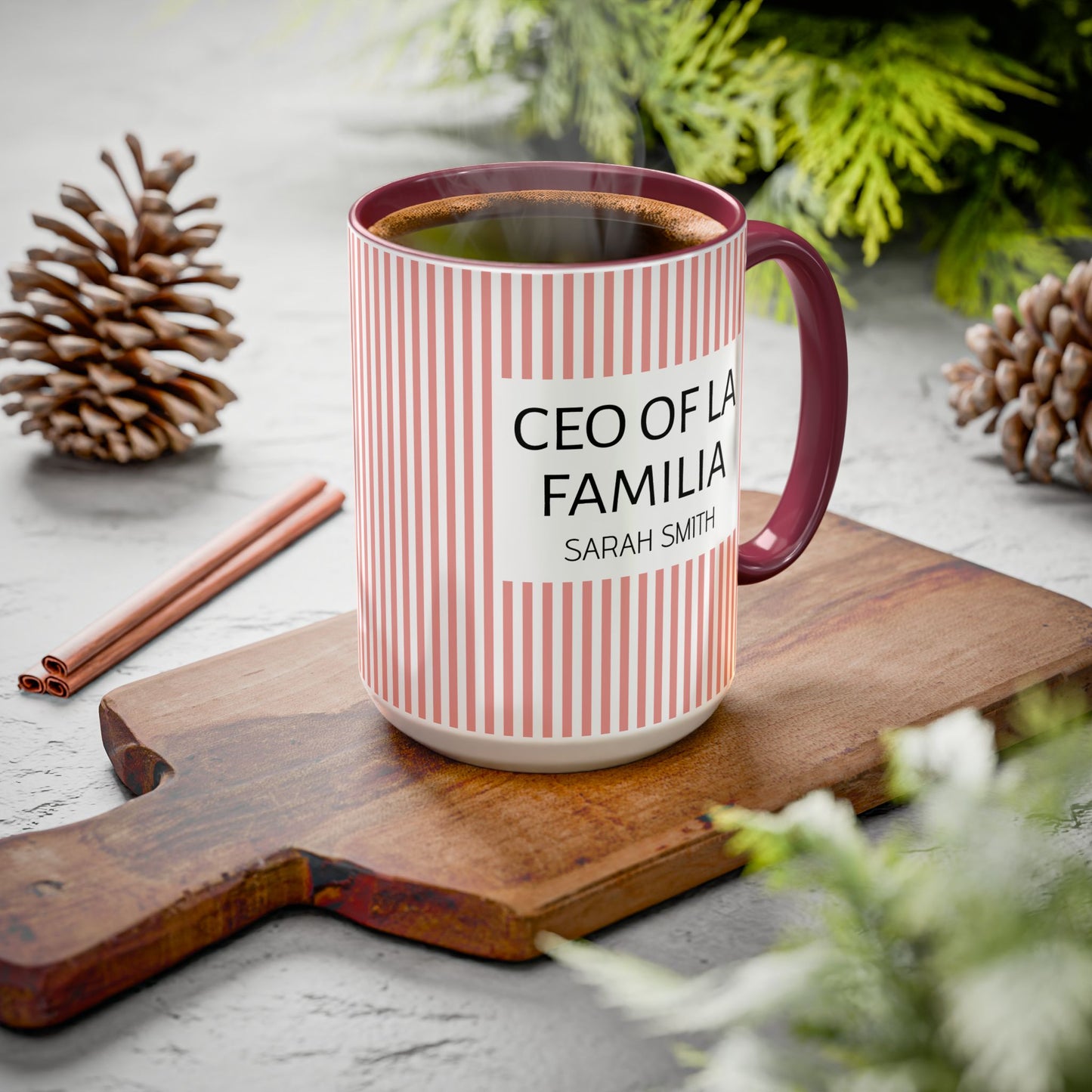Personalized Name Pink Striped Coffee Tea Mug | Meaningful CEO of La Familia Gift for Mom, Wife, Women