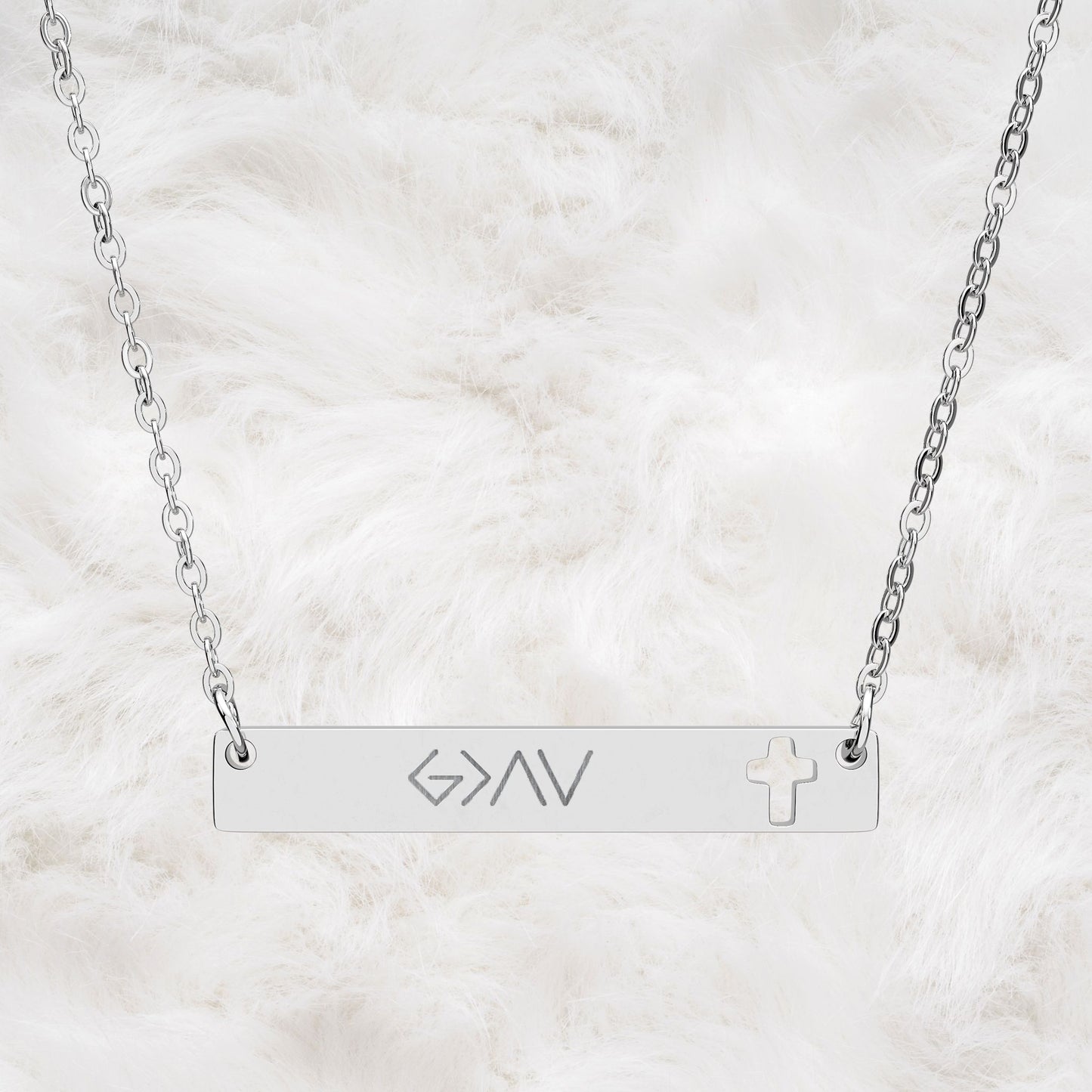God Is Greater Than High And Low Engraved Cutout Cross Bar Necklace. Christian Faith Inspired Gift