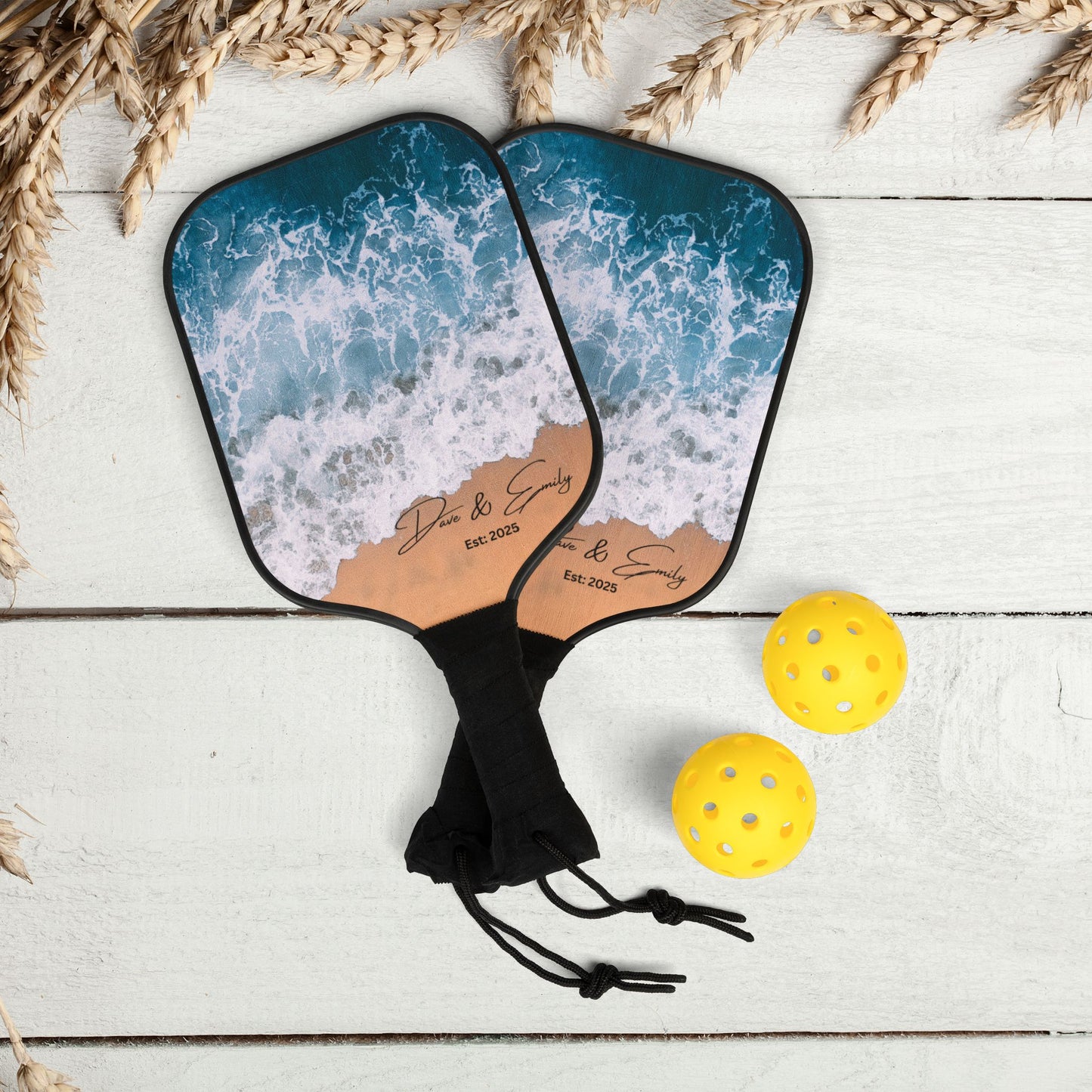 Personalized Coastal Ocean Beach Sand Pickleball Paddle Set Version 1 - Sports Enthusiasts | Wedding Anniversary Gift Ideas