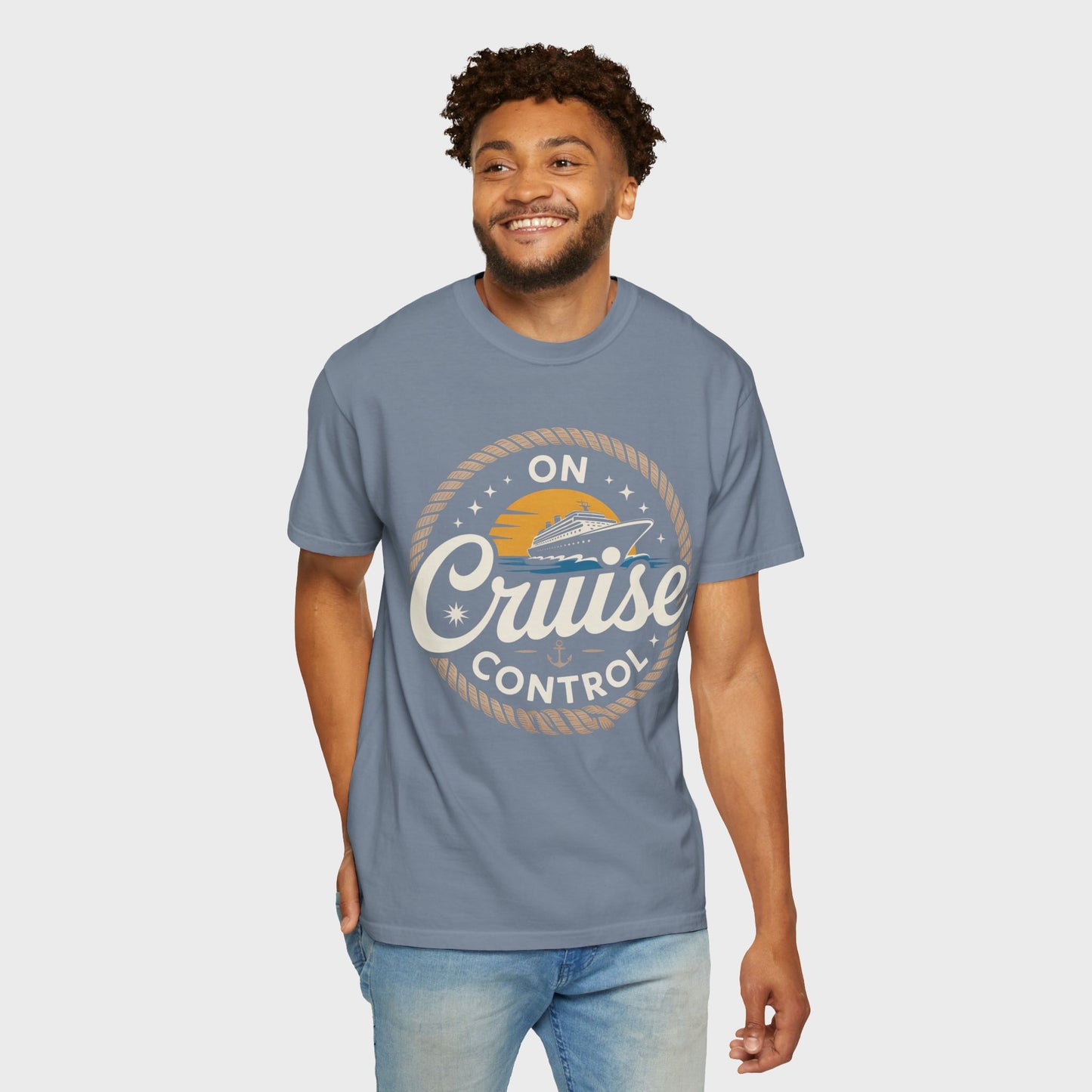 On Cruise Control T-Shirt | Nautical Rope Sunset Graphic Travel Vacation Tee