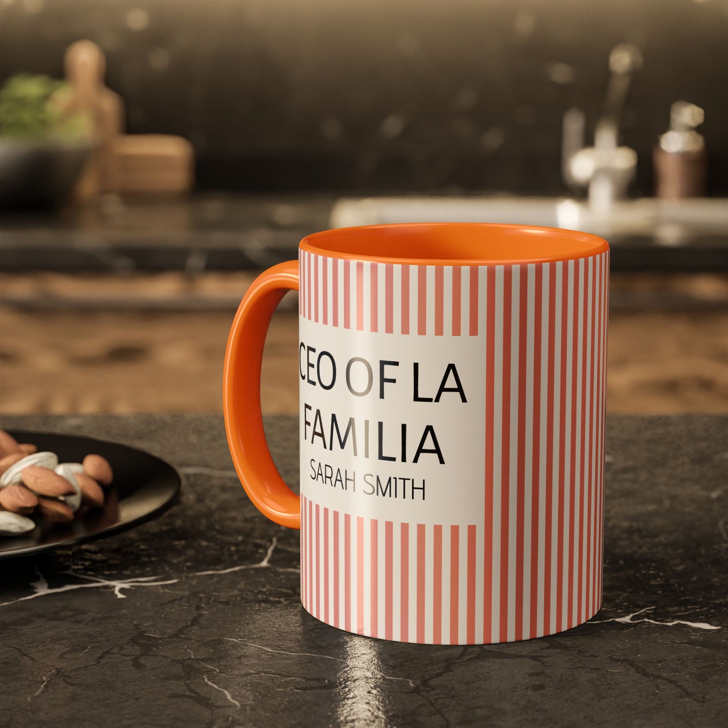 Personalized Name Pink Striped Coffee Tea Mug | Meaningful CEO of La Familia Gift for Mom, Wife, Women