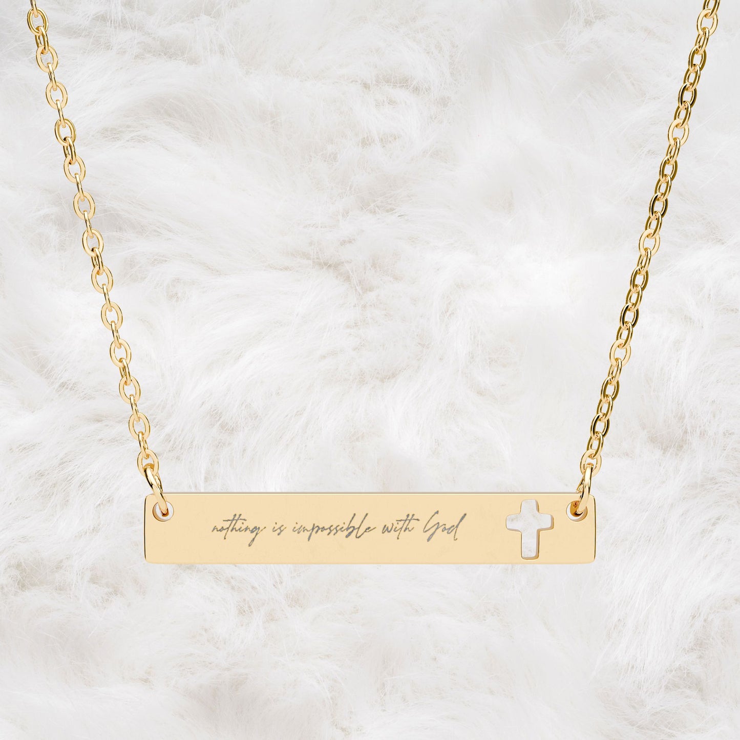 Nothing is impossible with God - Luke 1:37. Engraved Cutout Cross Bar Necklace. Christian Faith Inspired Gift
