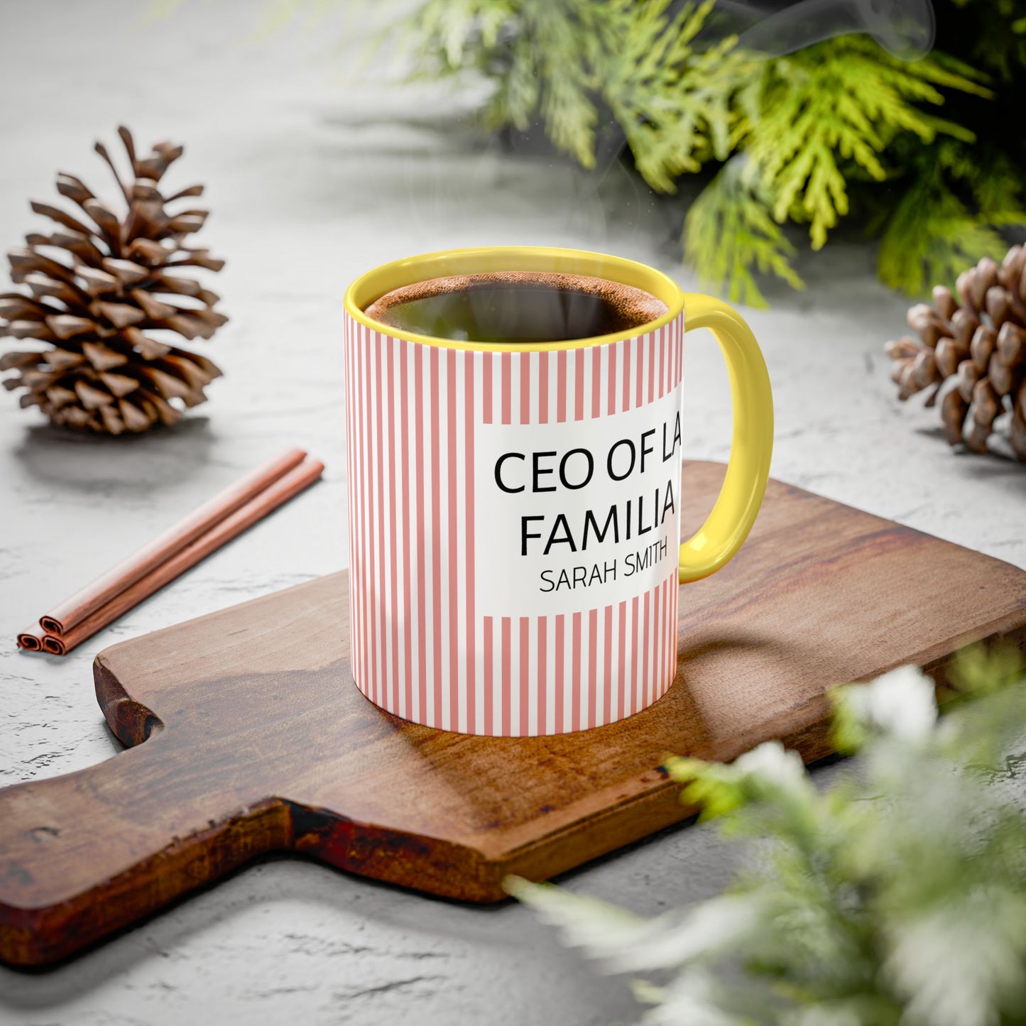 Personalized Name Pink Striped Coffee Tea Mug | Meaningful CEO of La Familia Gift for Mom, Wife, Women