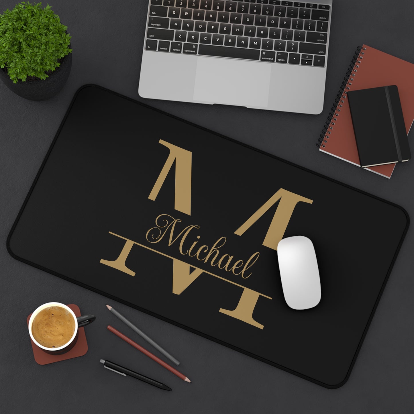 Personalized Monogram Name Black Gold Theme Desk Mat