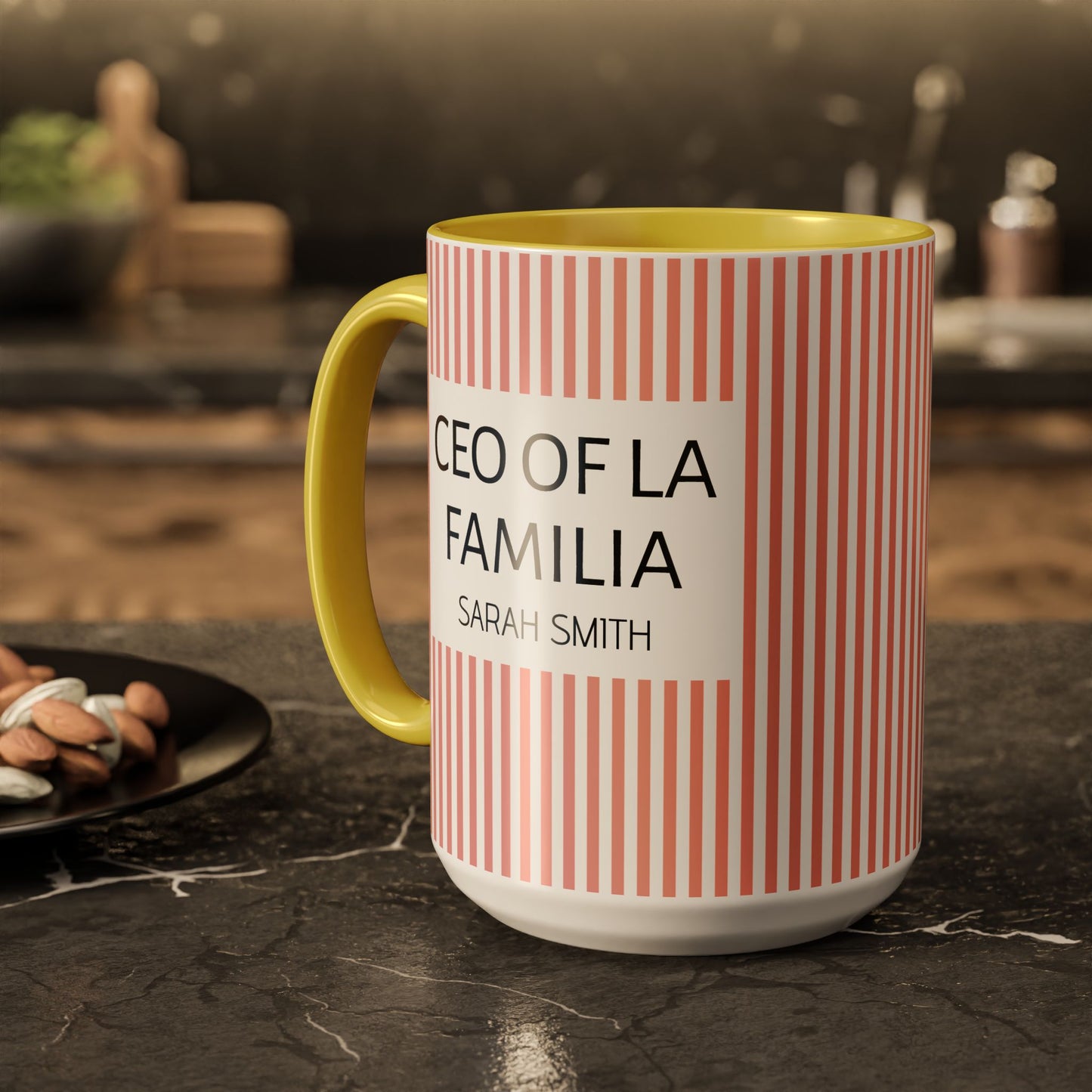 Personalized Name Pink Striped Coffee Tea Mug | Meaningful CEO of La Familia Gift for Mom, Wife, Women