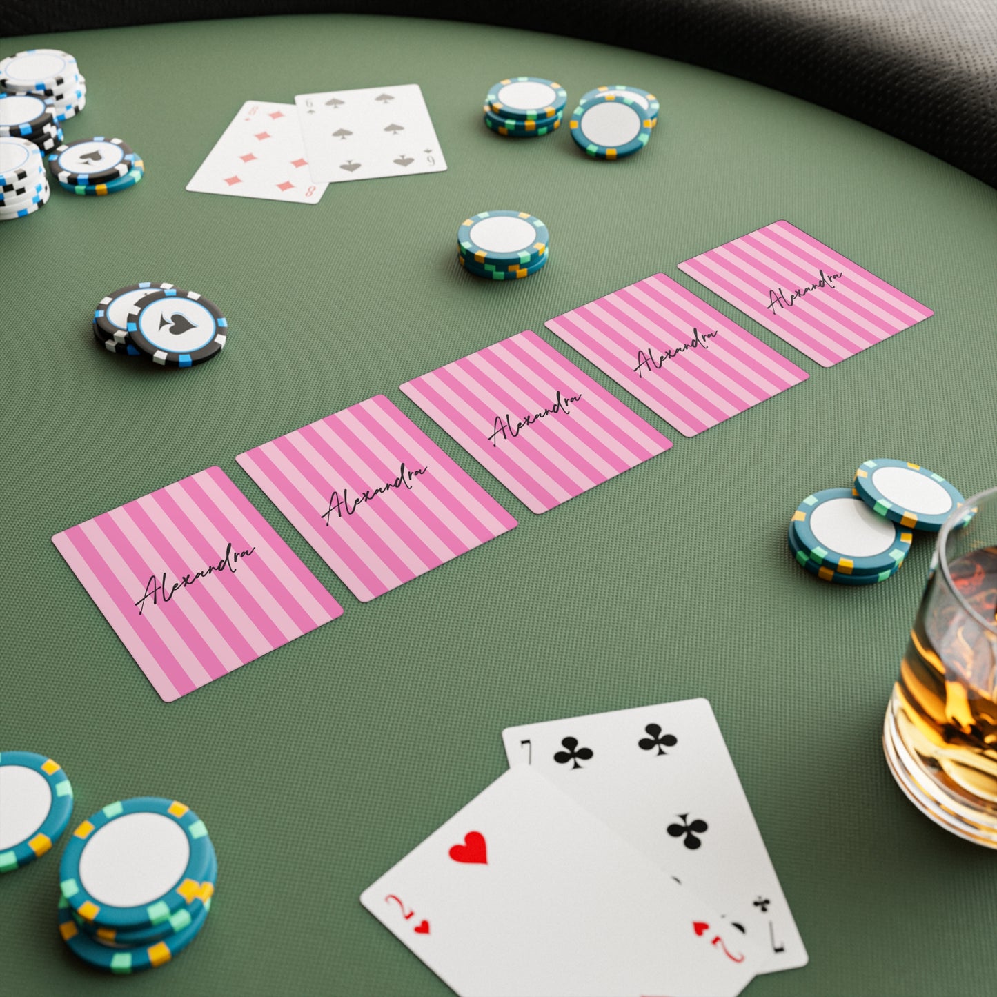 Personalized Name Pink Stripes Poker Playing Cards Set | Birthday Christmas Souvenir Gift