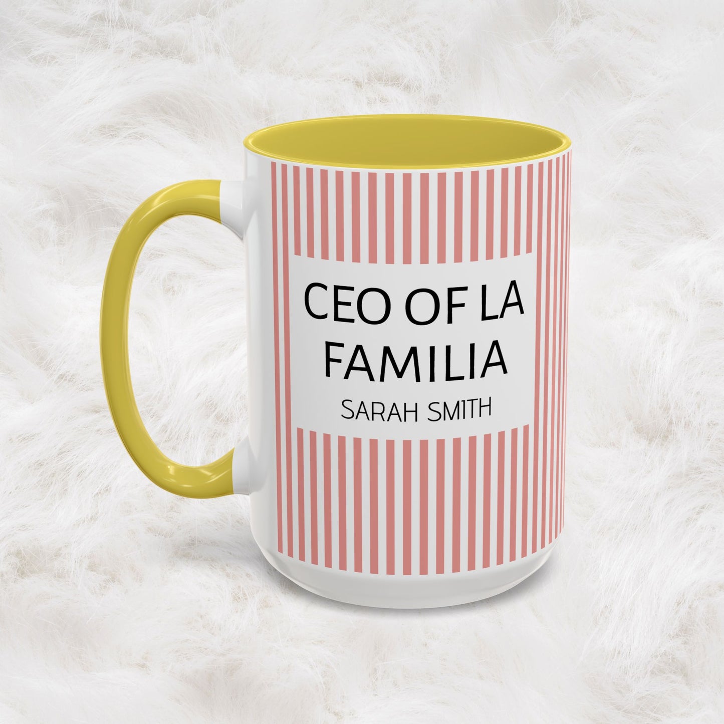 Personalized Name Pink Striped Coffee Tea Mug | Meaningful CEO of La Familia Gift for Mom, Wife, Women