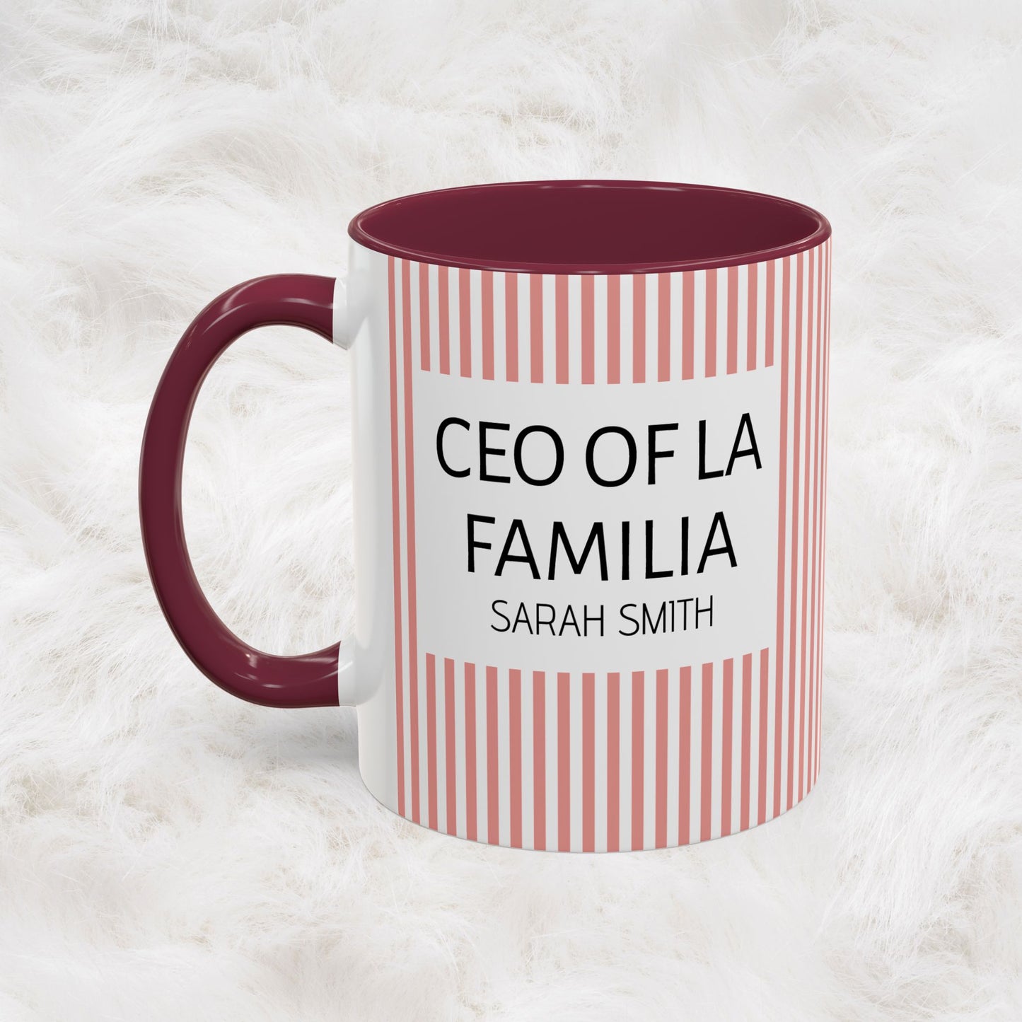 Personalized Name Pink Striped Coffee Tea Mug | Meaningful CEO of La Familia Gift for Mom, Wife, Women