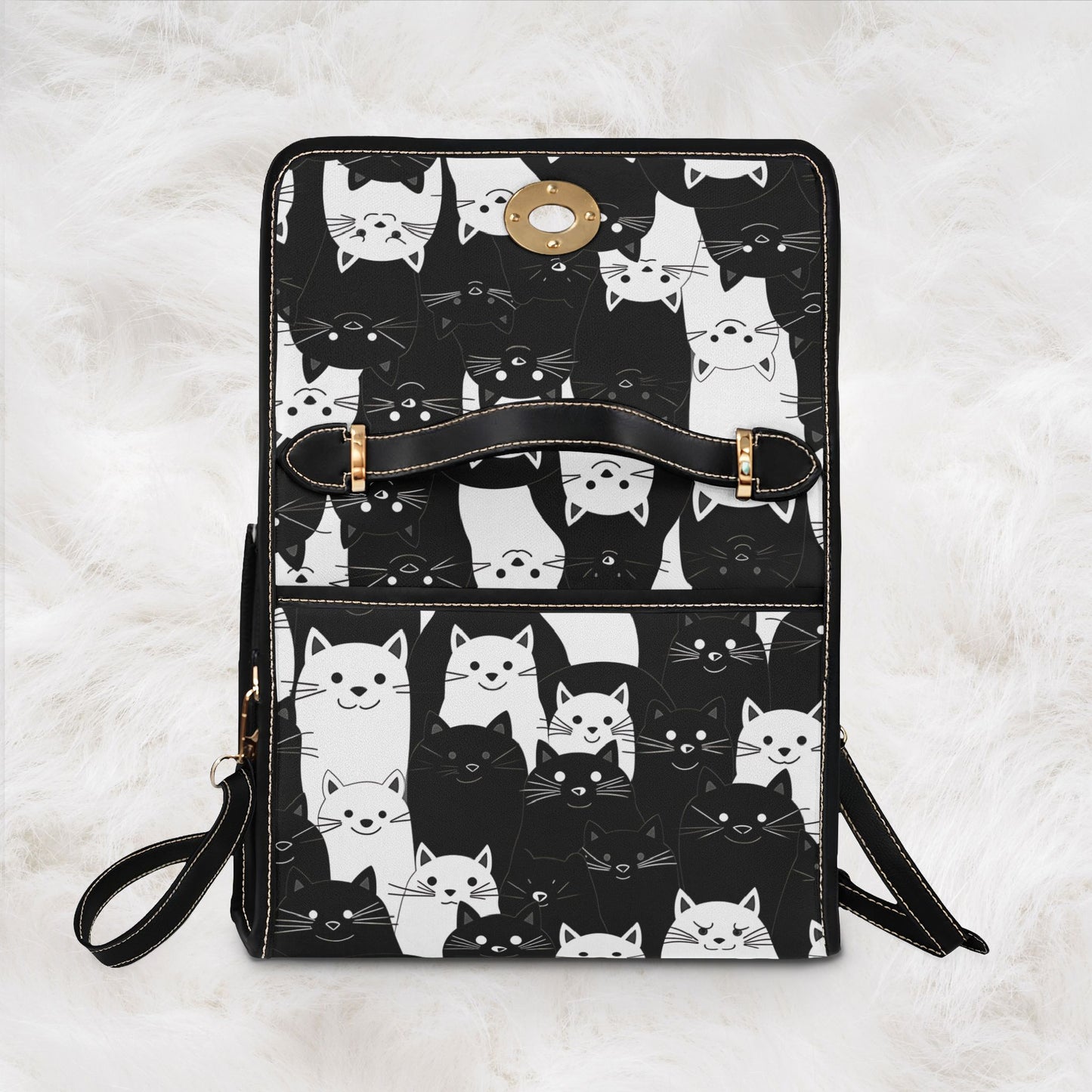 Cute Black & White Cat Pattern Waterproof Canvas Tote Crossbody Shoulder Handbag