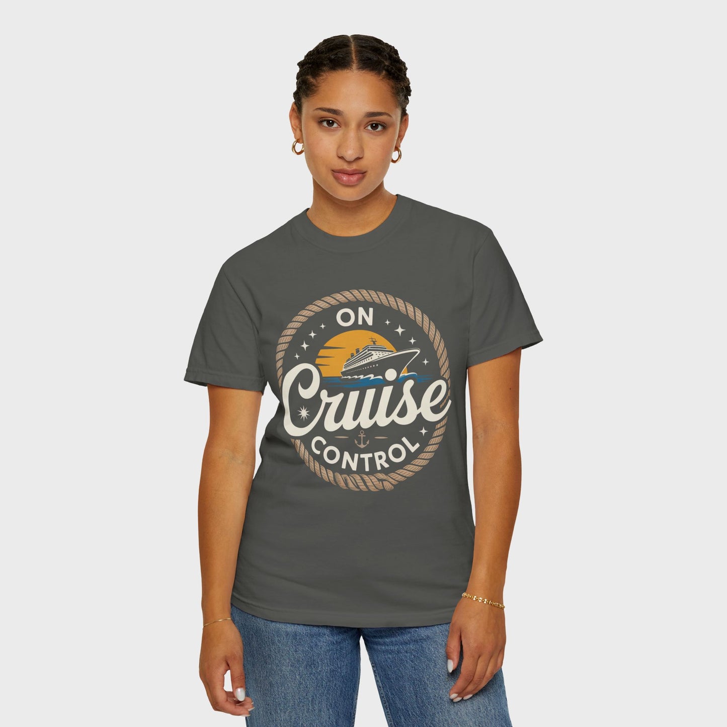 On Cruise Control T-Shirt | Nautical Rope Sunset Graphic Travel Vacation Tee