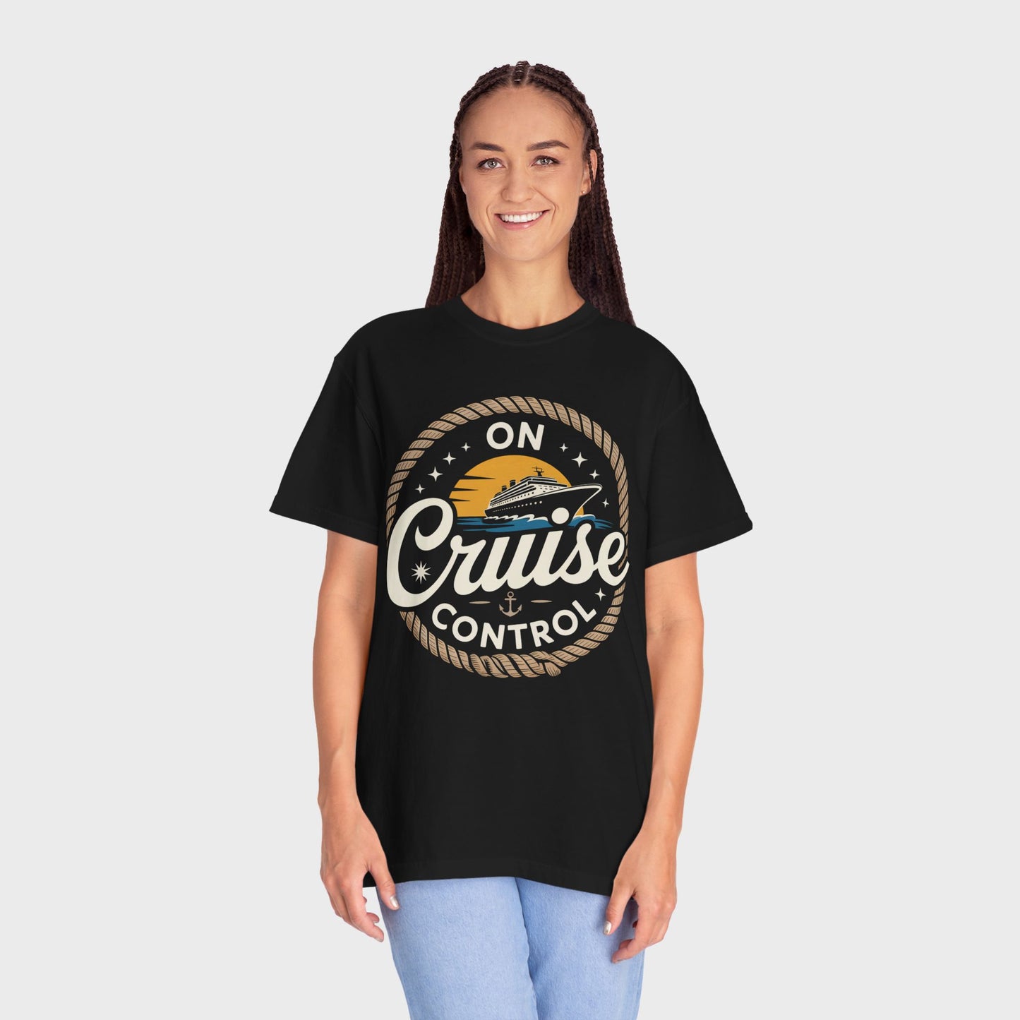 On Cruise Control T-Shirt | Nautical Rope Sunset Graphic Travel Vacation Tee