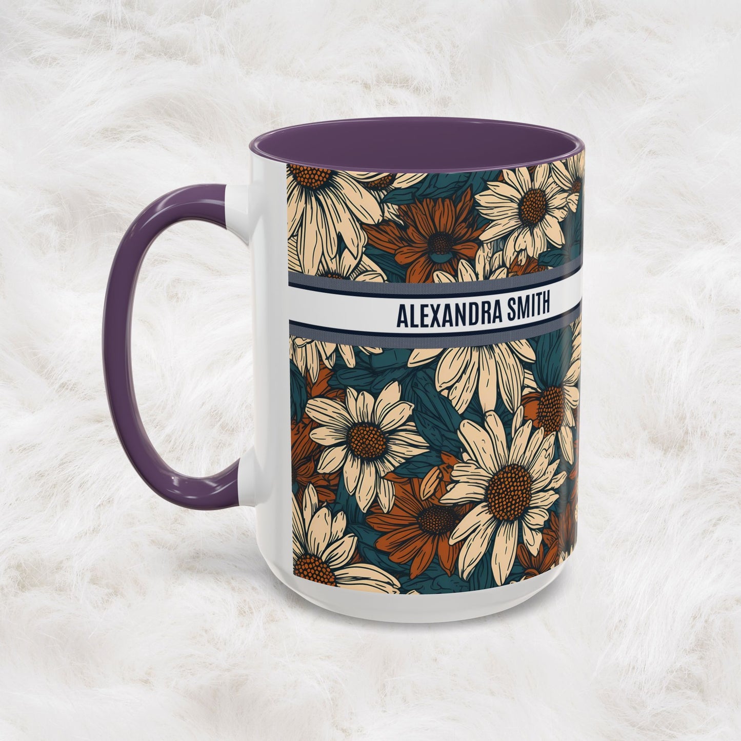 Personalized Name Text Daisy Floral Luxury Vintage Toile De Jouy French Pattern Accent Coffee Tea Mug