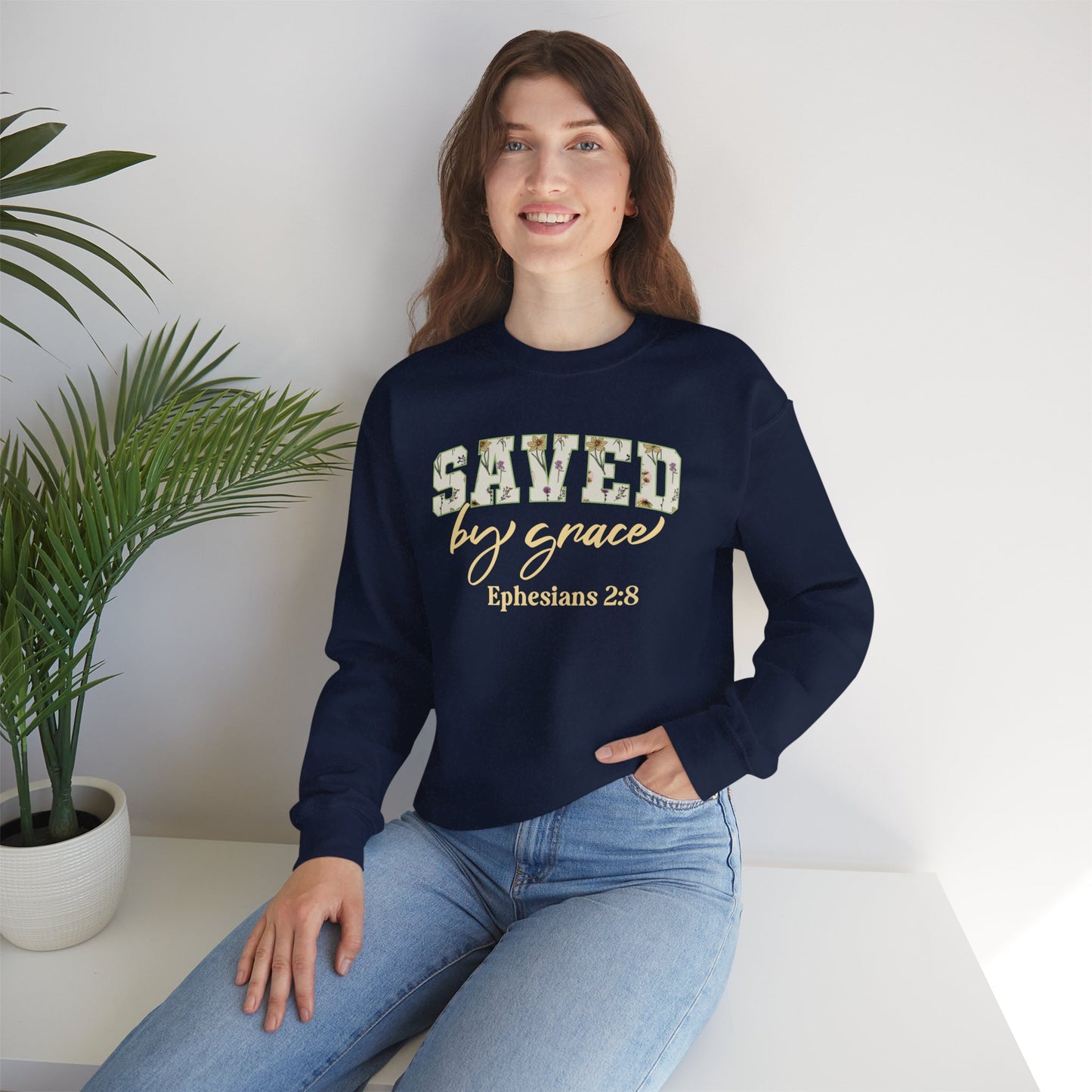 Saved by Grace Ephesians 2:8 Bible Verse Christian Sweatshirt | Inspirational Crewneck Unisex Gift | Cozy Everyday Wear