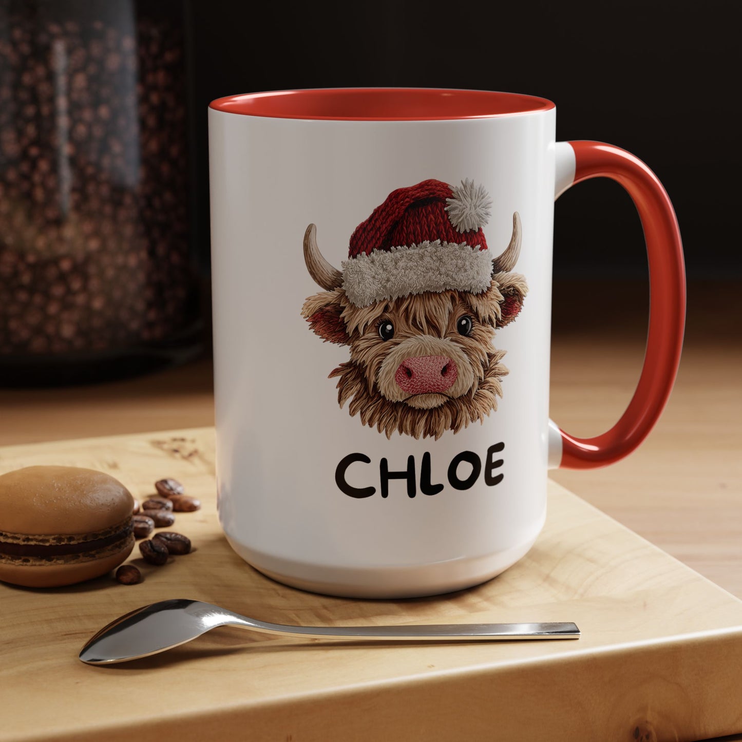 Personalized Name Cute Printed Crochet Yarn Christmas Highland Cow Mug | Hunting Holiday Gift
