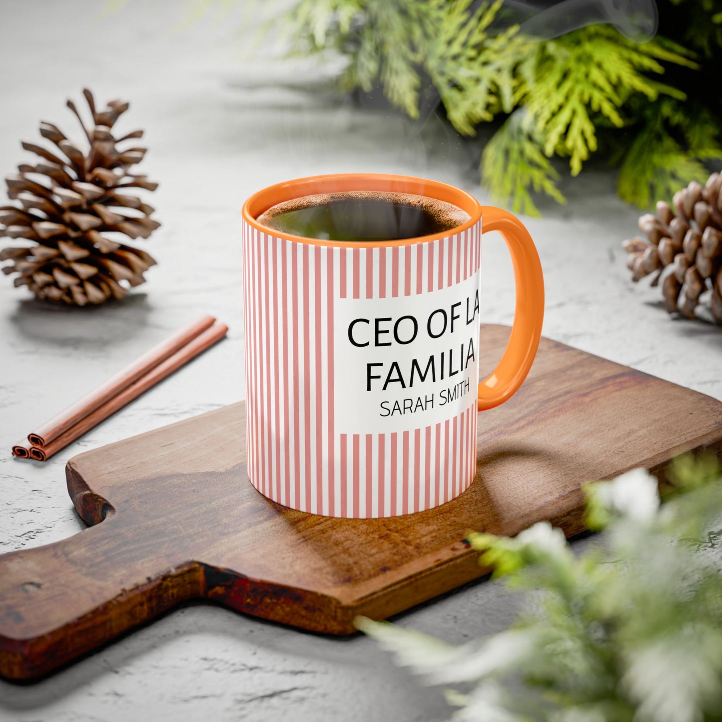 Personalized Name Pink Striped Coffee Tea Mug | Meaningful CEO of La Familia Gift for Mom, Wife, Women