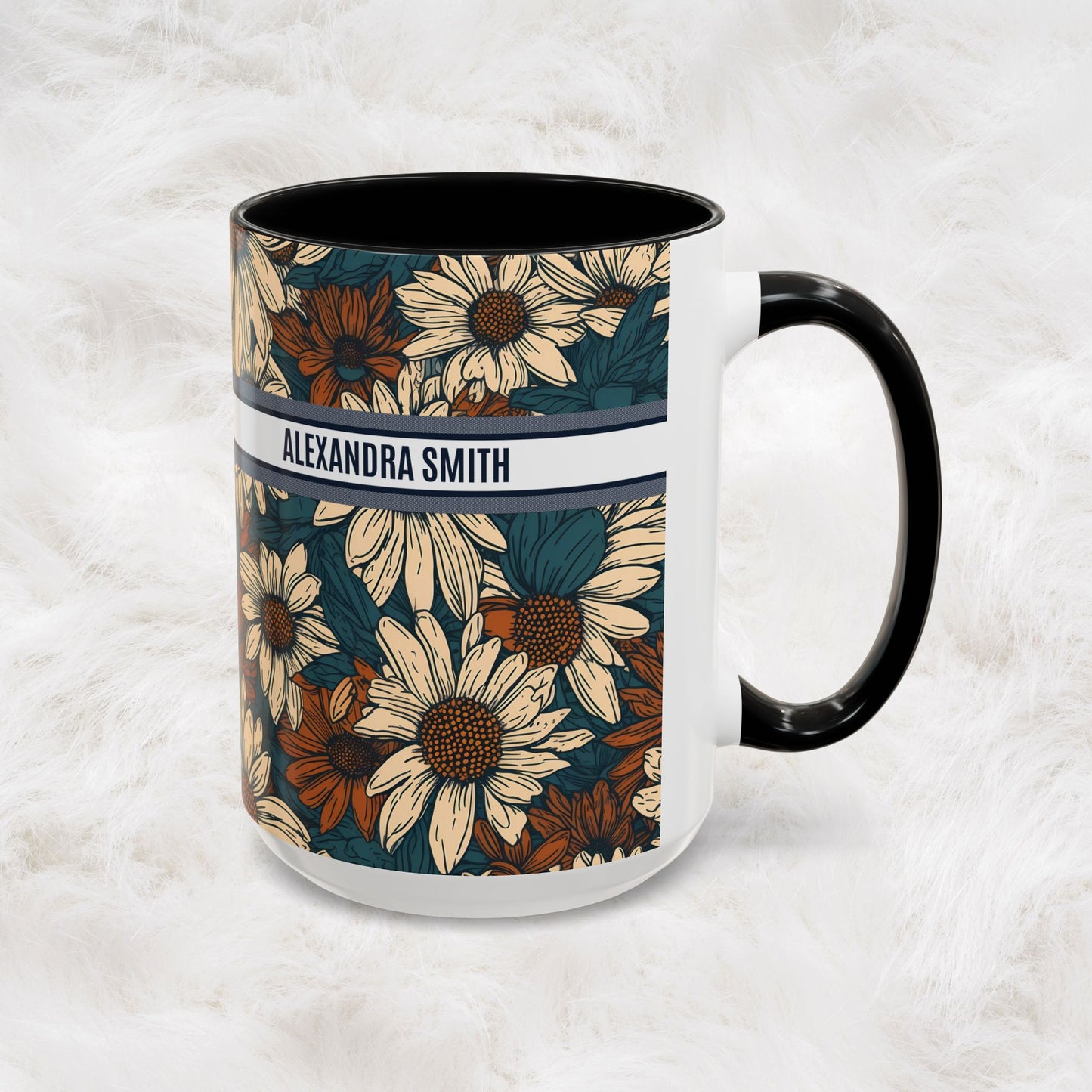 Personalized Name Text Daisy Floral Luxury Vintage Toile De Jouy French Pattern Accent Coffee Tea Mug