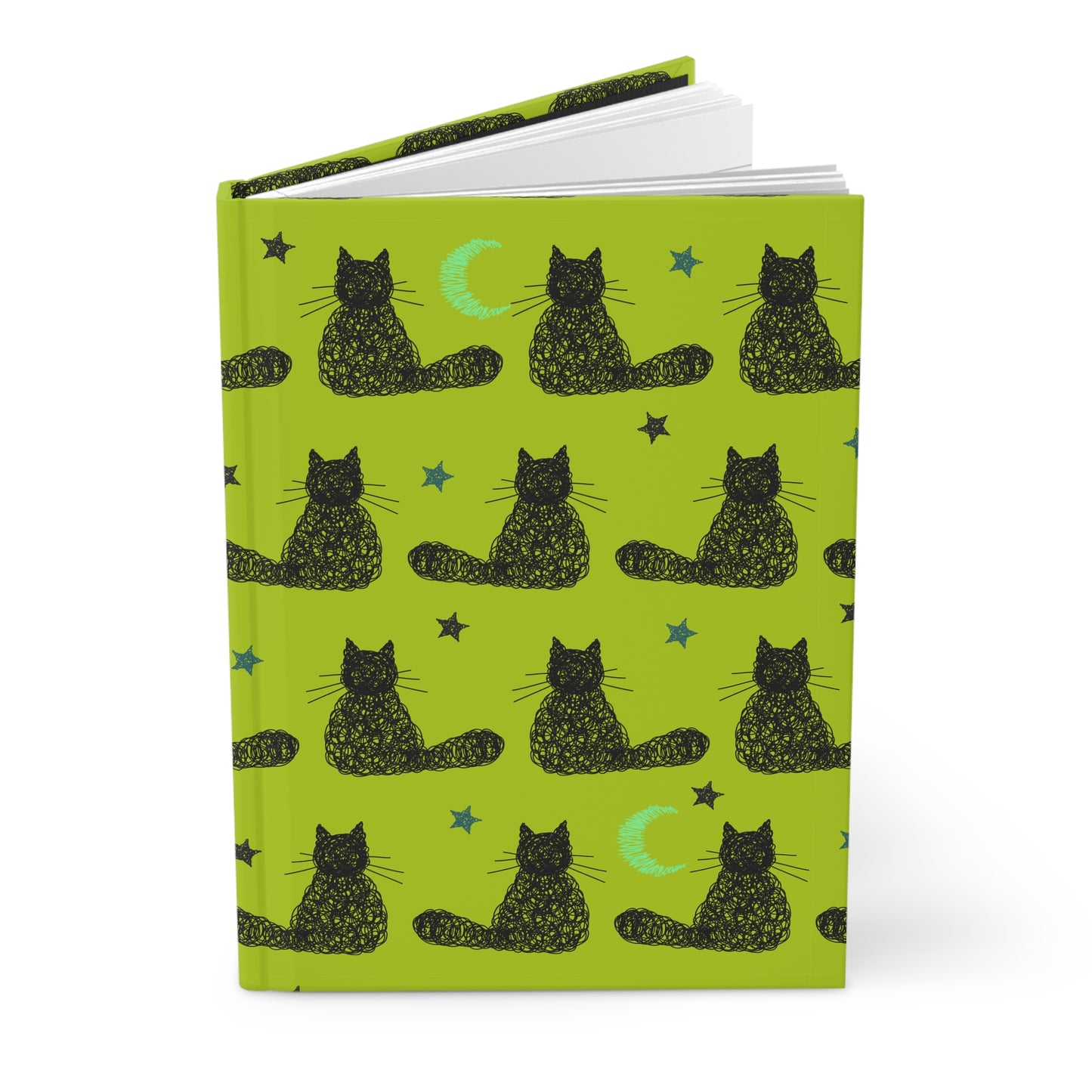 Cat Pattern Hardcover Journal | Green Moon & Stars Notebook