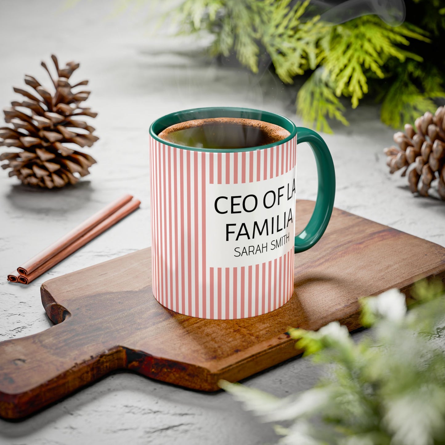 Personalized Name Pink Striped Coffee Tea Mug | Meaningful CEO of La Familia Gift for Mom, Wife, Women
