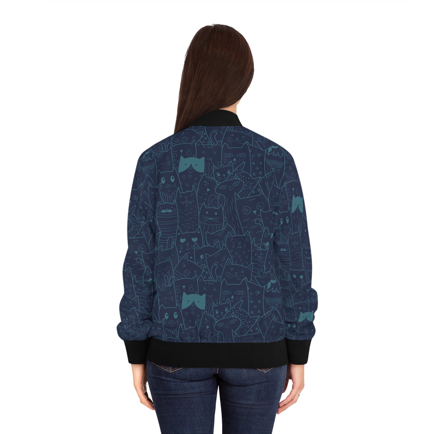 Cute Unique Blue Cat Pattern Bomber Jacket | Pet Lovers Gift Idea