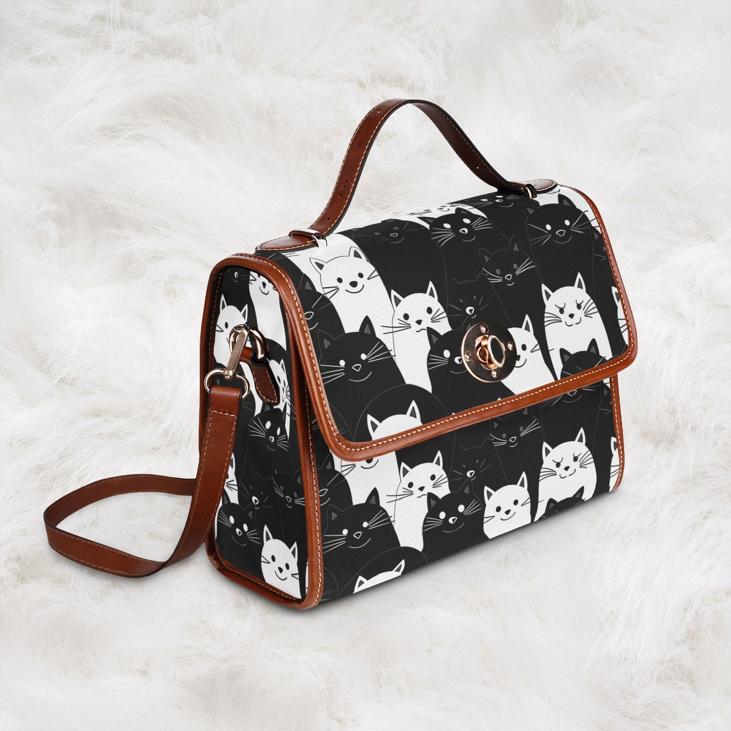 Cute Black & White Cat Pattern Waterproof Canvas Tote Crossbody Shoulder Handbag