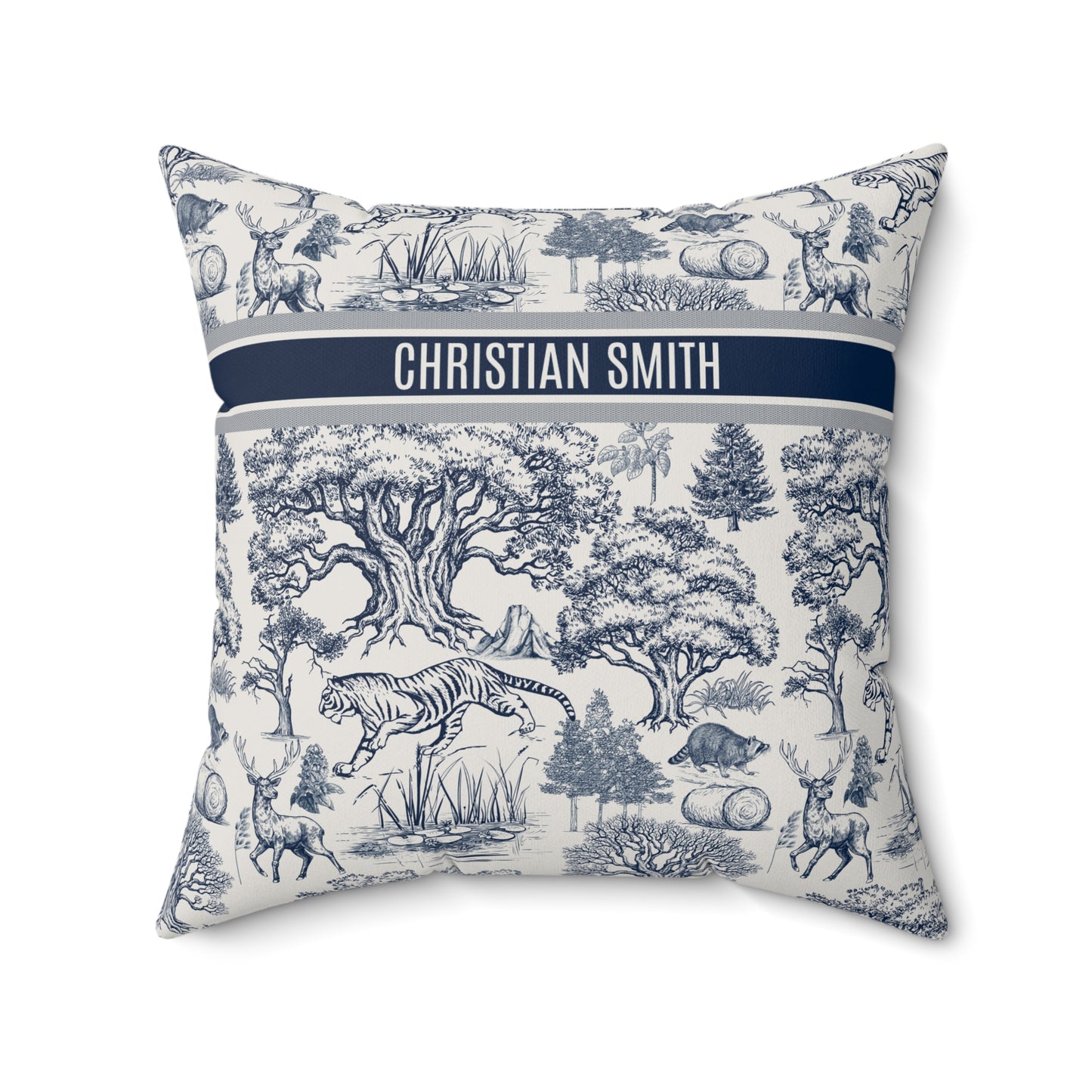 Personalized Name on Toile De Jouy Seamless Nature Landscape Pattern Spun Polyester Square Throw Pillow Version 1